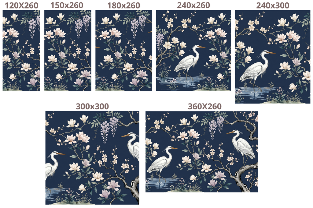 Chinoiserie Heron Wallpaper Mural, Navy Blue Magnolia & Blossom Bird Wall Art for Living Room and Bedroom