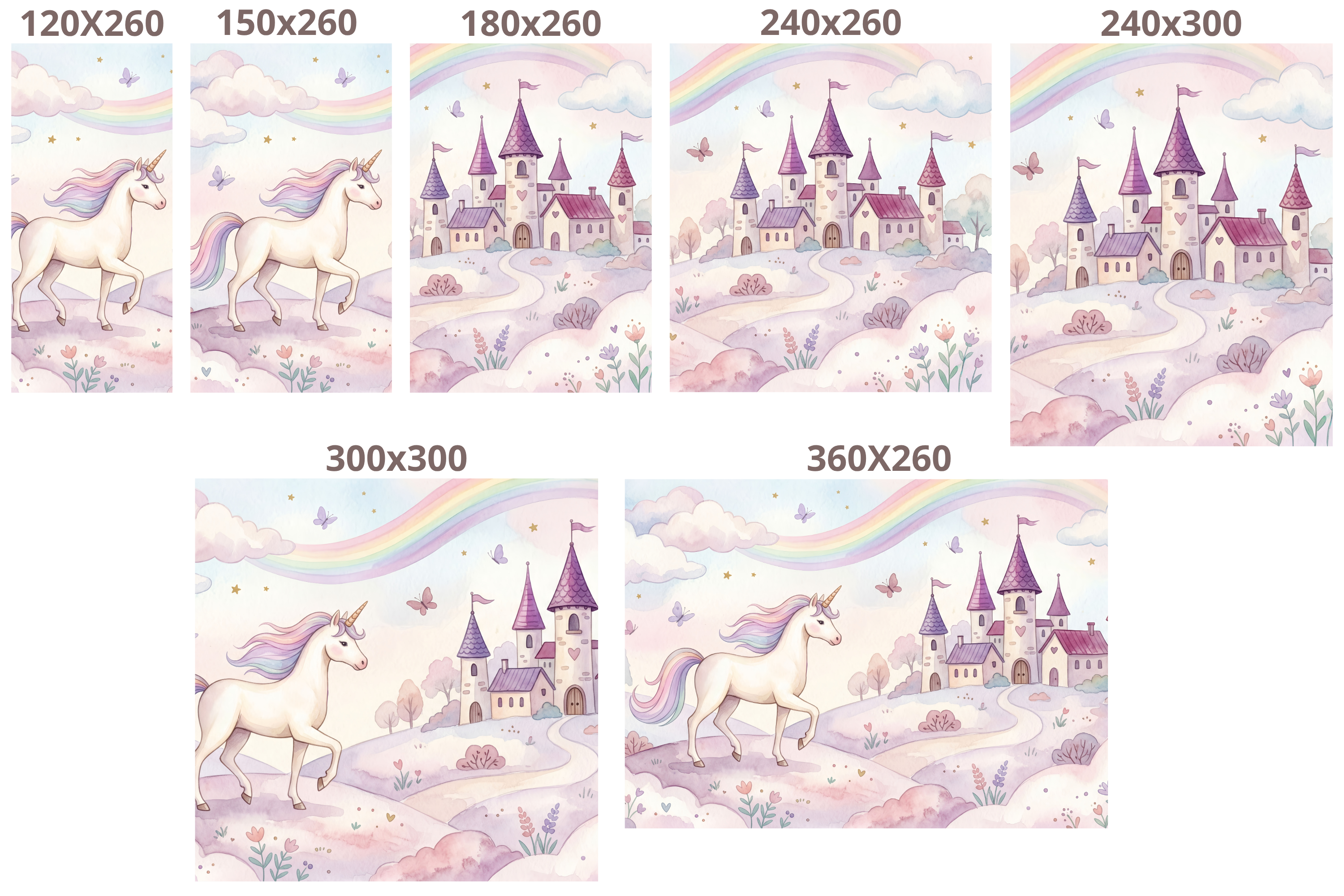 Unicorn Wallpaper Mural | Pastel Rainbow Castle Girls Nursery Watercolour Design