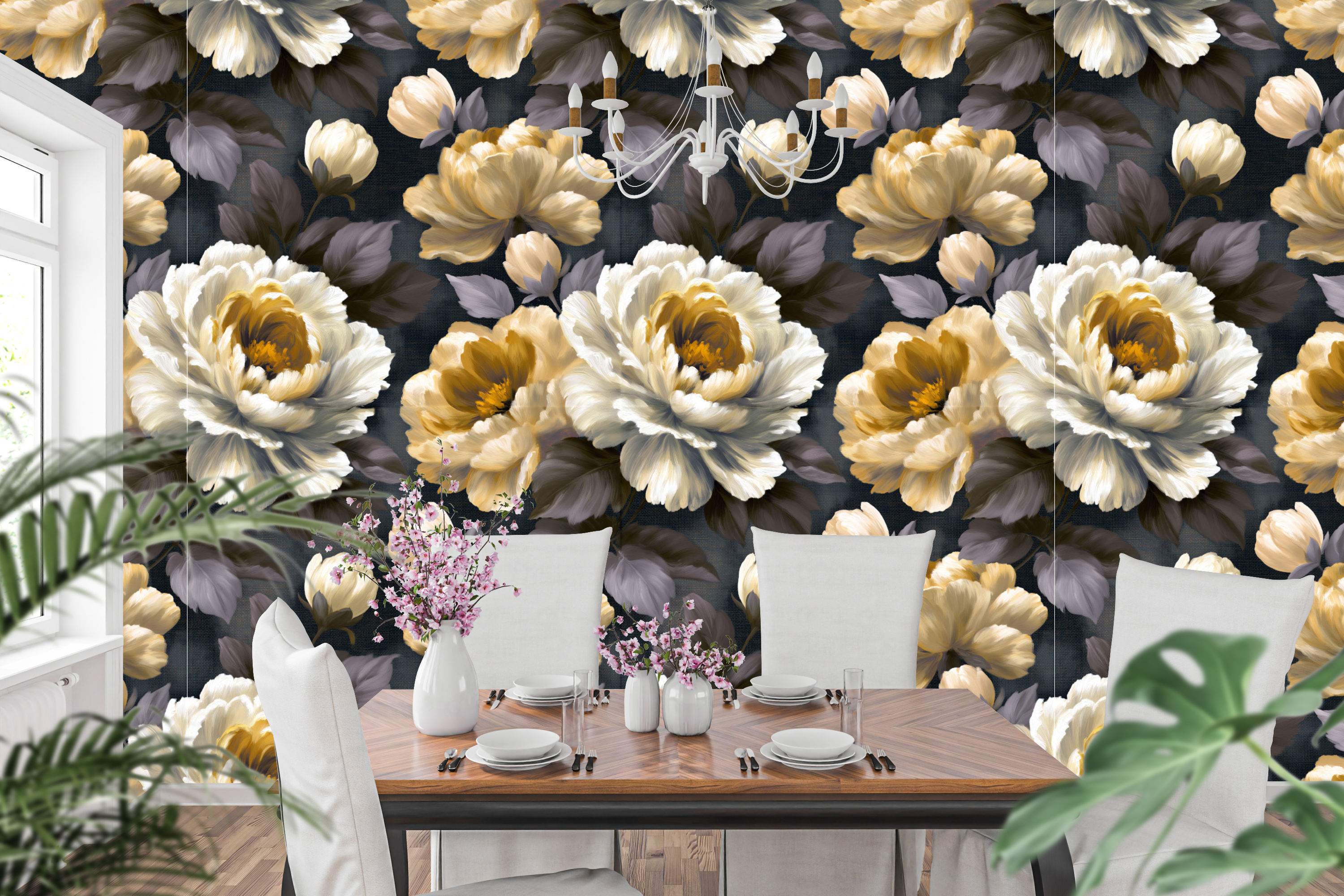 Dark navy peony oil painted wallpaper styled as a romantic bedroom feature wall with velvet headboard, ivory linen bedding, and warm brass lighting — peel and stick or traditional paste wallpaper by WallpaperPixi
