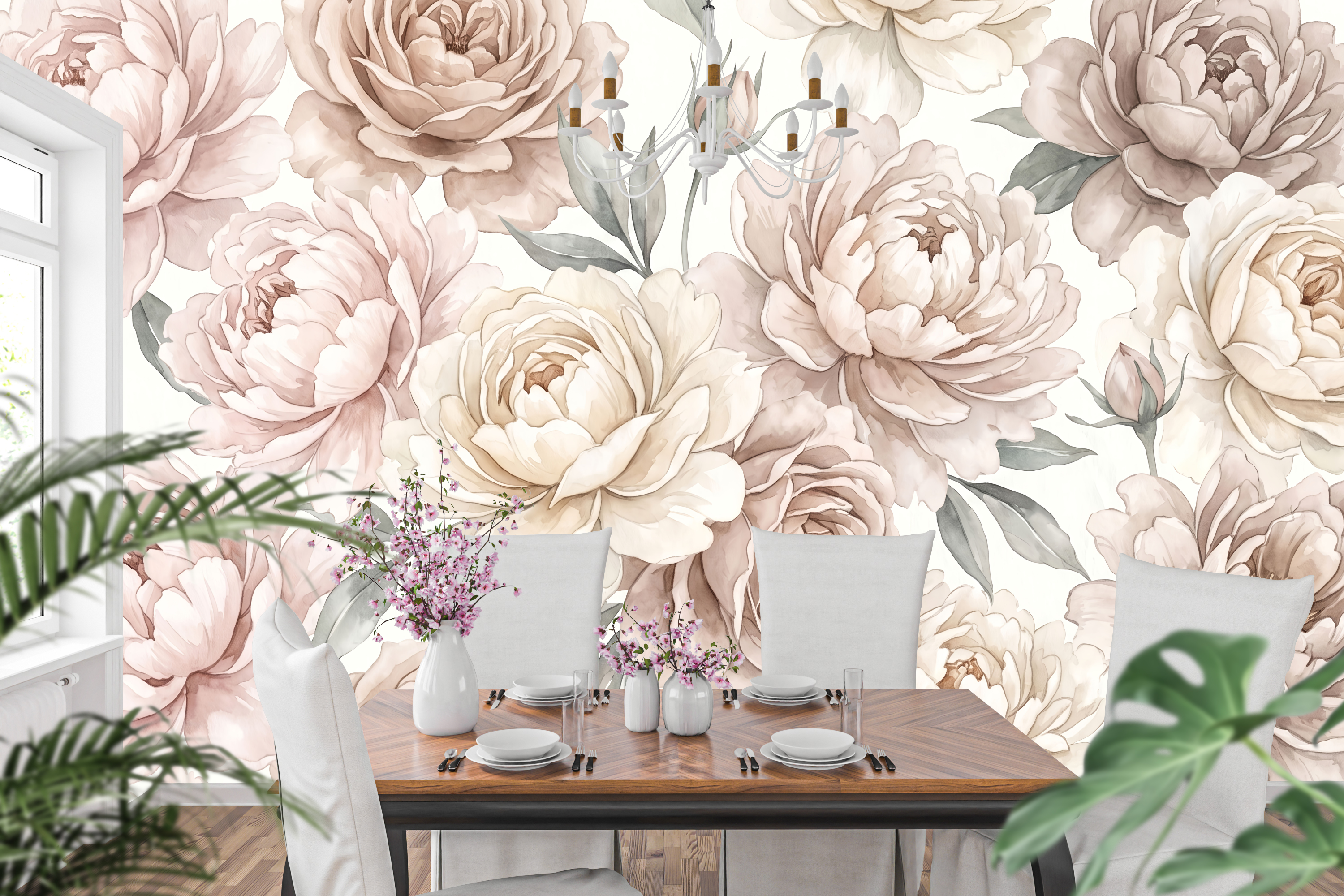 Vintage Watercolor Peony & Rose Wall Mural Romantic Blush Floral Wallpaper