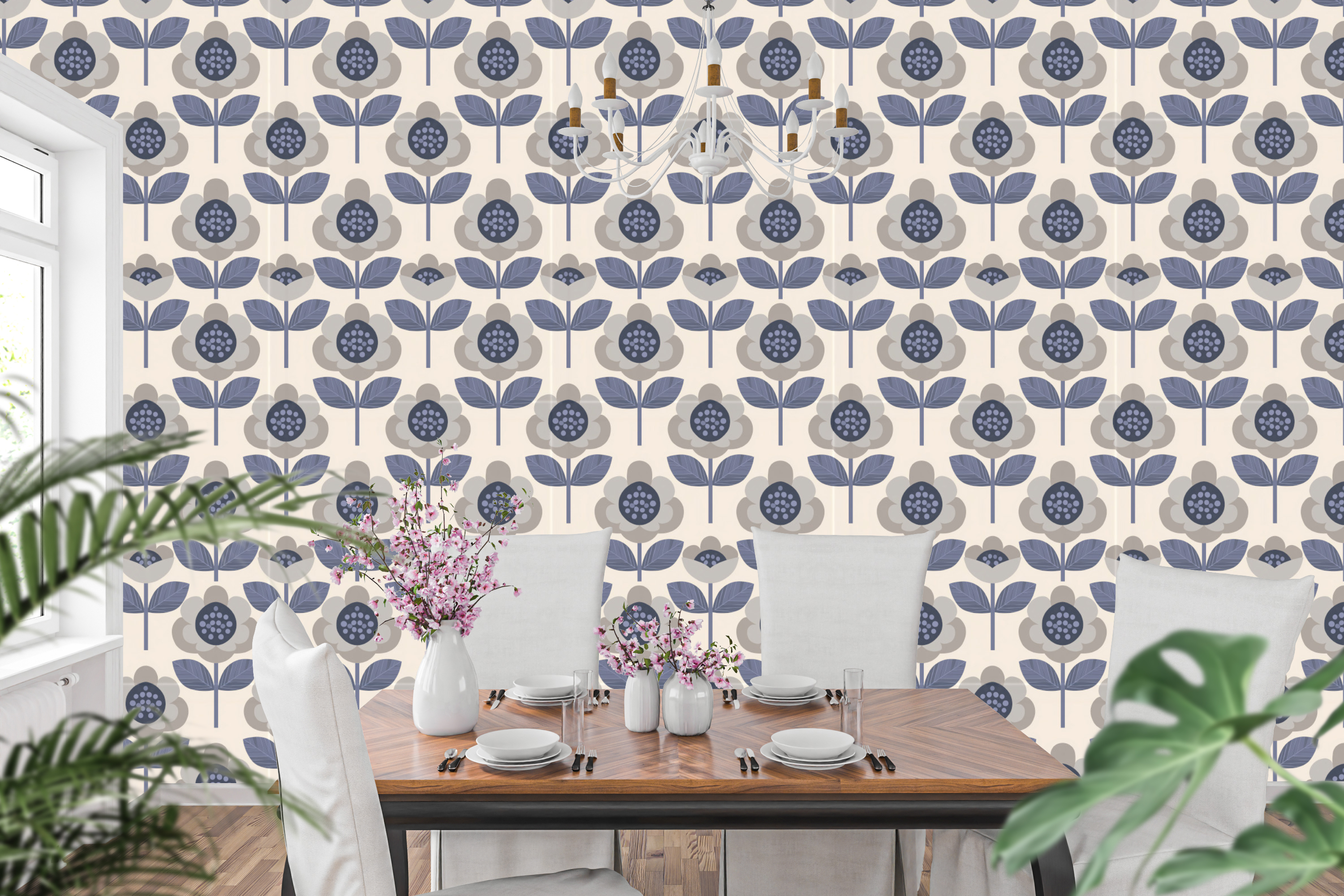 Mid-century modern slate blue and gray Scandinavian floral wallpaper in a stylish dining room