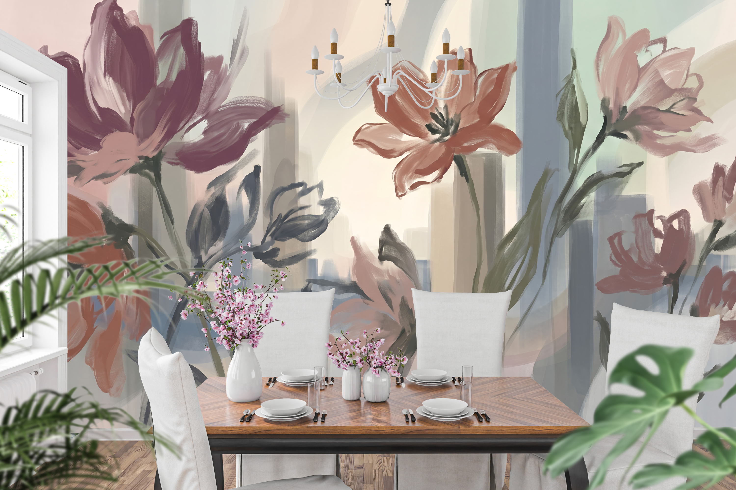 Abstract painterly floral wallpaper in a modern sophisticated dining room