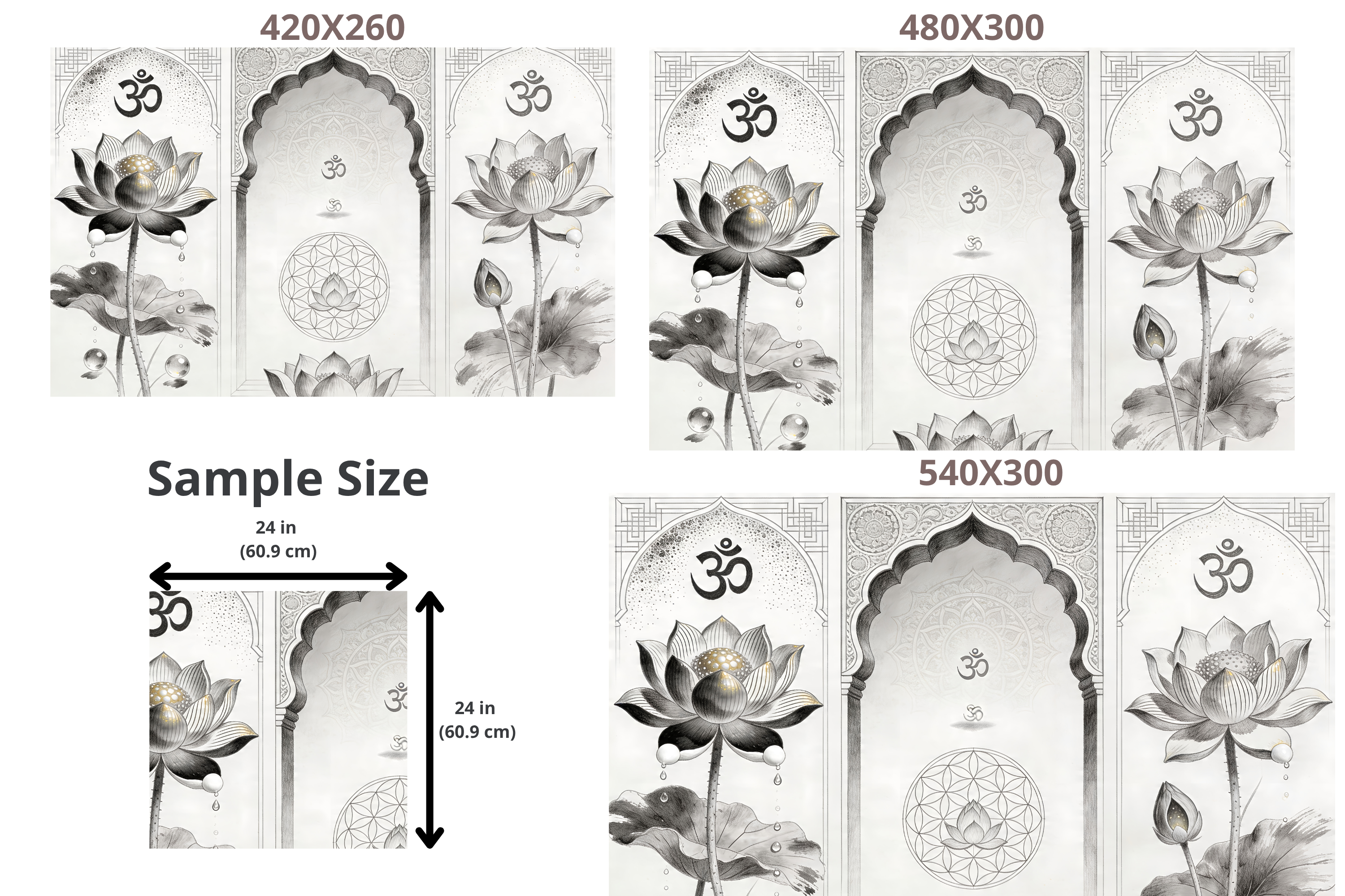 Om Lotus Mandala Wall Mural | Sacred Geometry Triptych | Yoga & Meditation Room