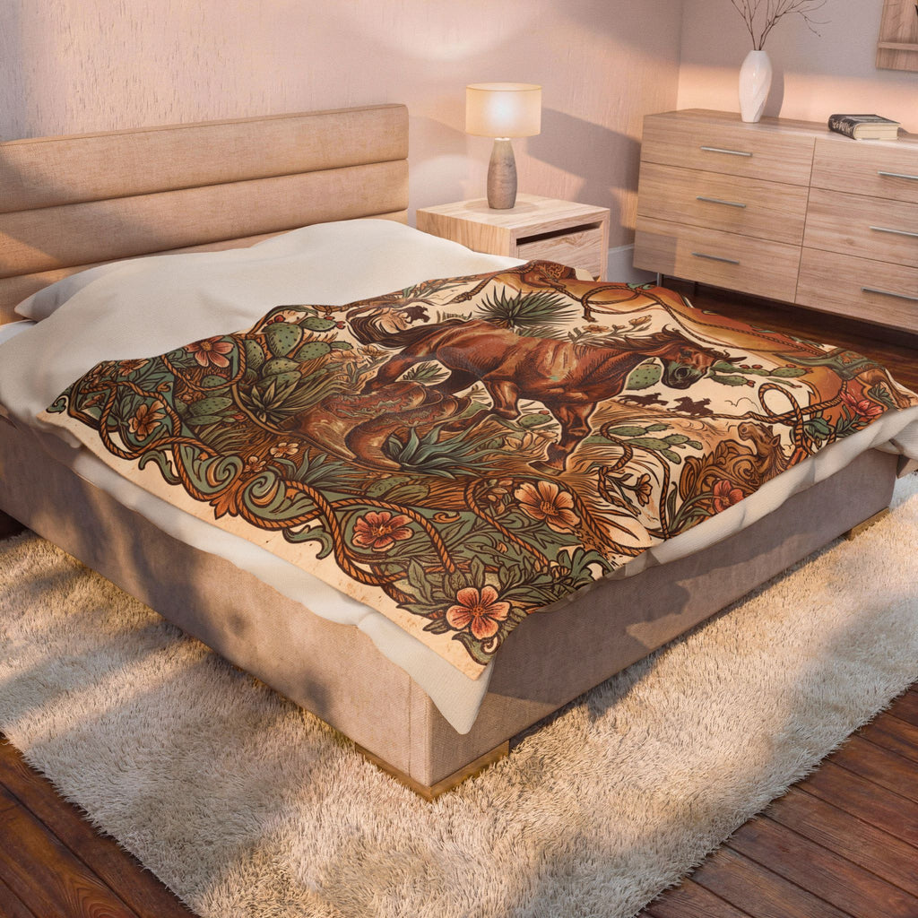 Vintage Western Wild Horse Plush Throw Blanket Cowboy Desert Velvety Blanket