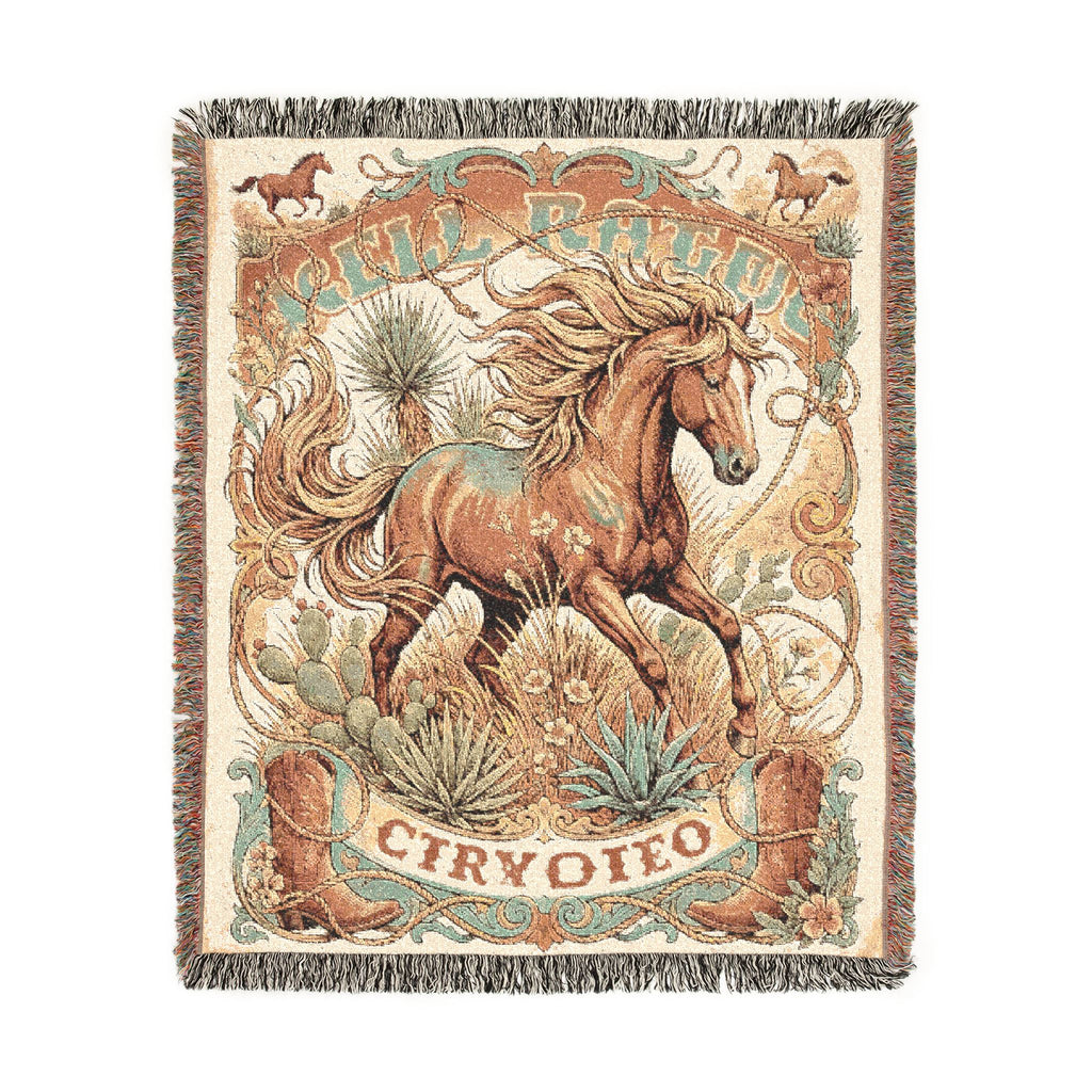 Vintage Western Wild Horse Woven Throw Blanket Southwestern Cowboy Tapestry