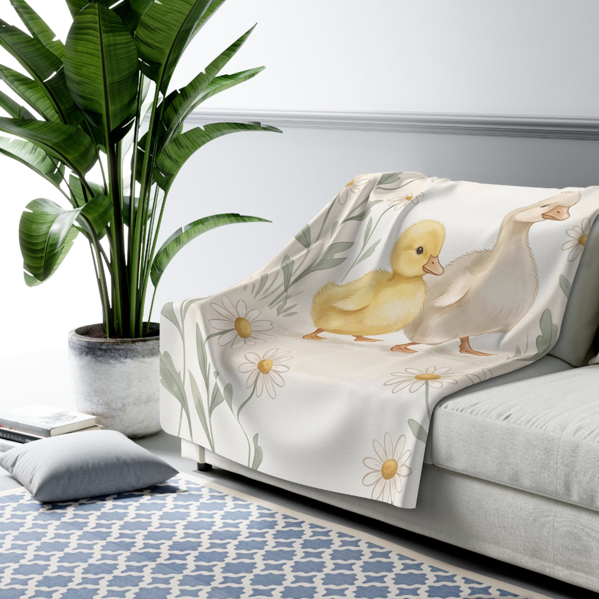Watercolor Ducklings & Daisies Sherpa Fleece Blanket Cute Spring Nursery Throw