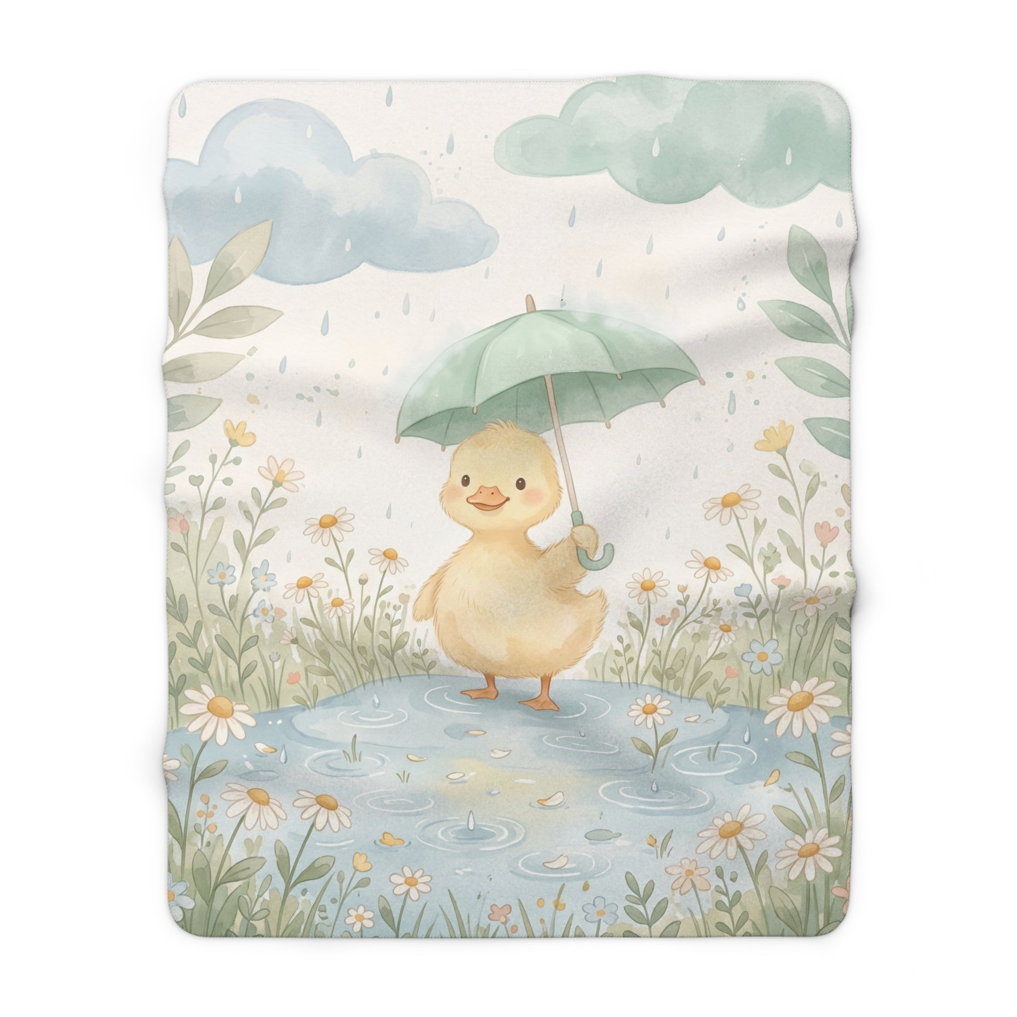 Watercolor Rainy Day Duckling Sherpa Fleece Blanket Cute Spring Marshmallow Throw