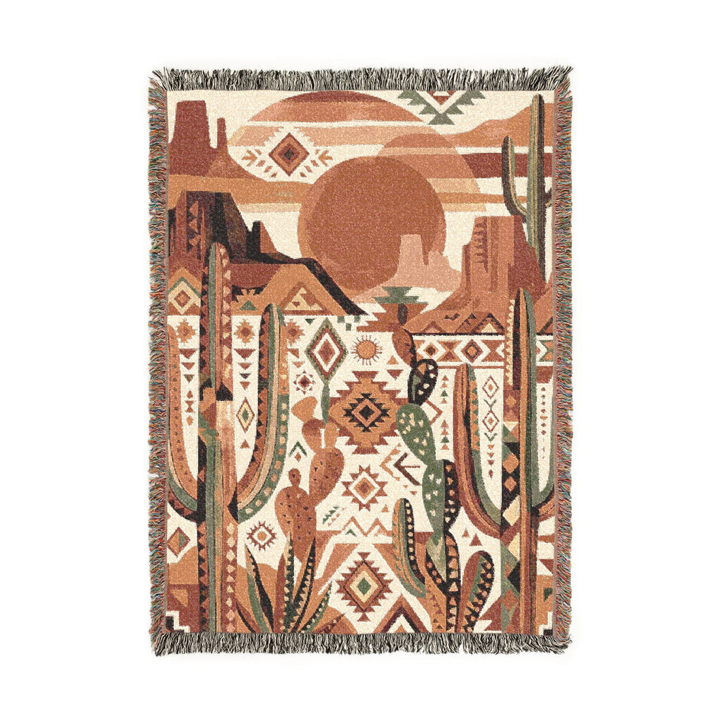 Southwestern Desert Sunset Woven Throw Blanket Boho Cactus Tapestry