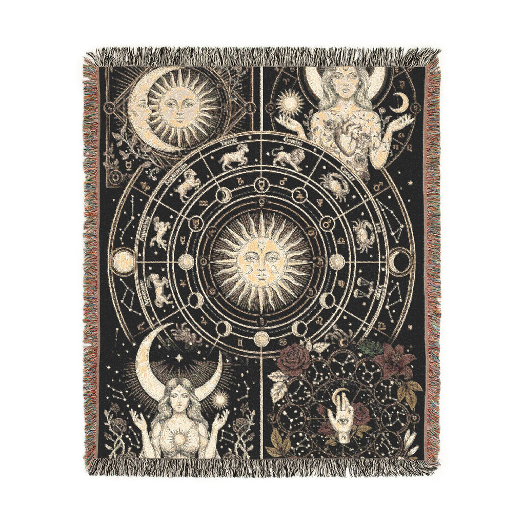 Vintage Celestial Zodiac Woven Throw Blanket Mystical Sun & Moon Tapestry
