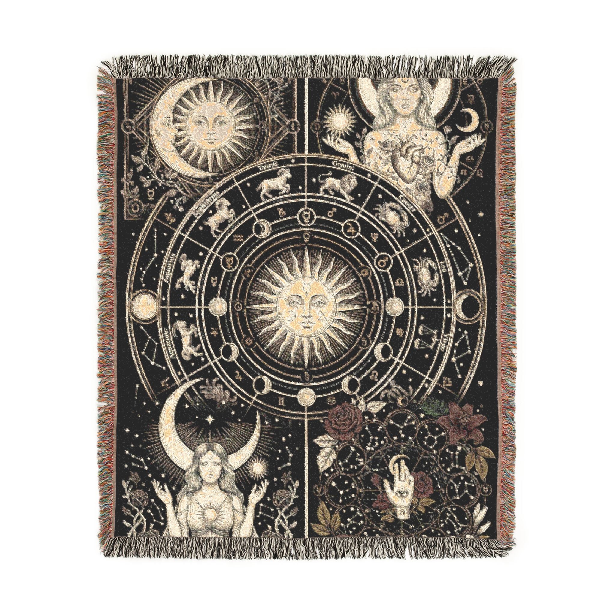 Vintage Celestial Zodiac Woven Throw Blanket Mystical Sun & Moon Tapestry