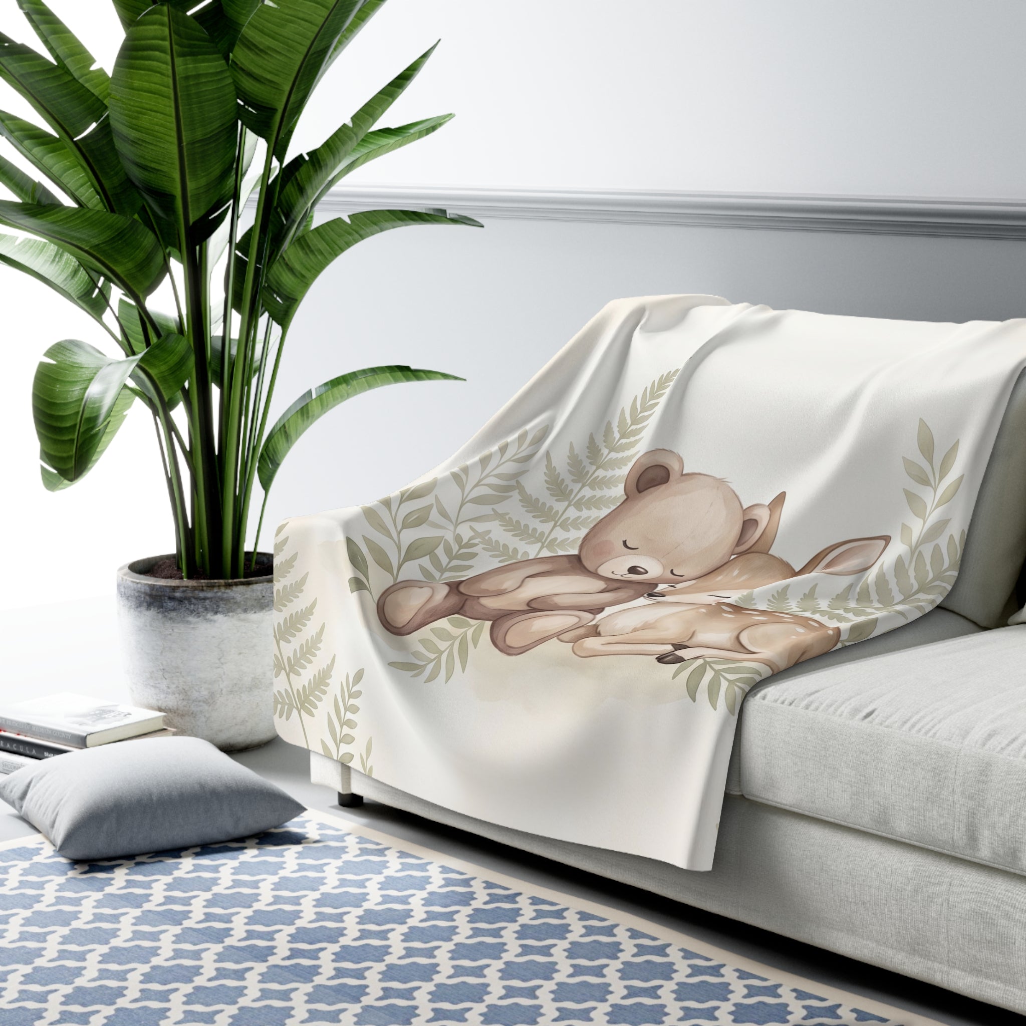 Watercolor Woodland Bear & Fawn Sherpa Fleece Blanket Neutral Nursery Throw