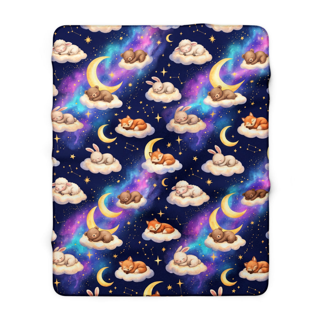 Celestial Sleeping Animals & Galaxy Sherpa Fleece Blanket Starry Night Nursery Throw