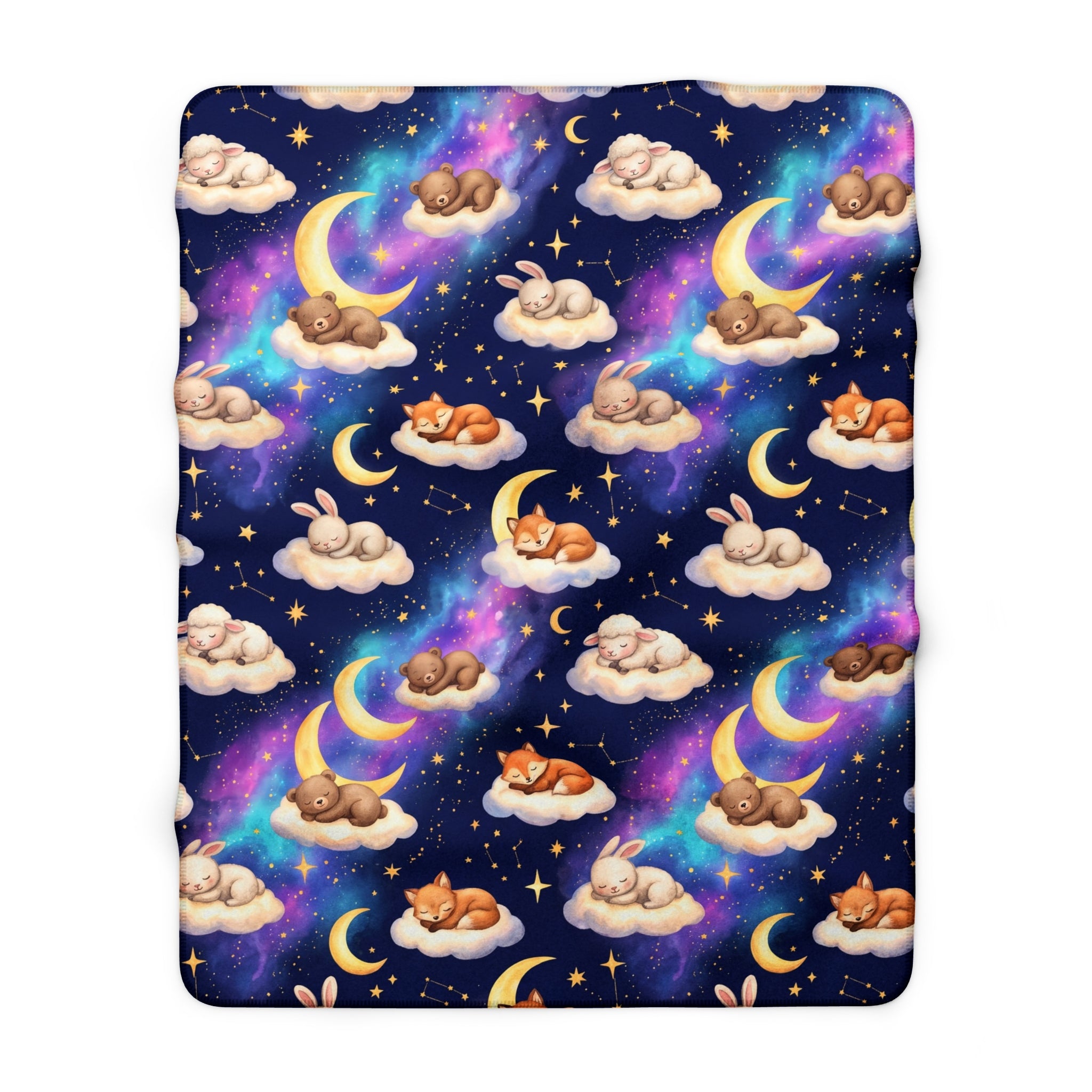 Celestial Sleeping Animals & Galaxy Sherpa Fleece Blanket Starry Night Nursery Throw