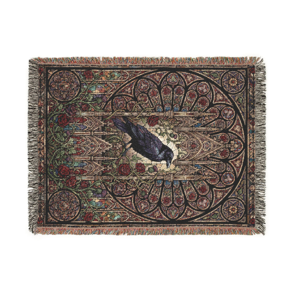 Gothic Raven Stained Glass Woven Throw Blanket  Dark Academia Tapestry