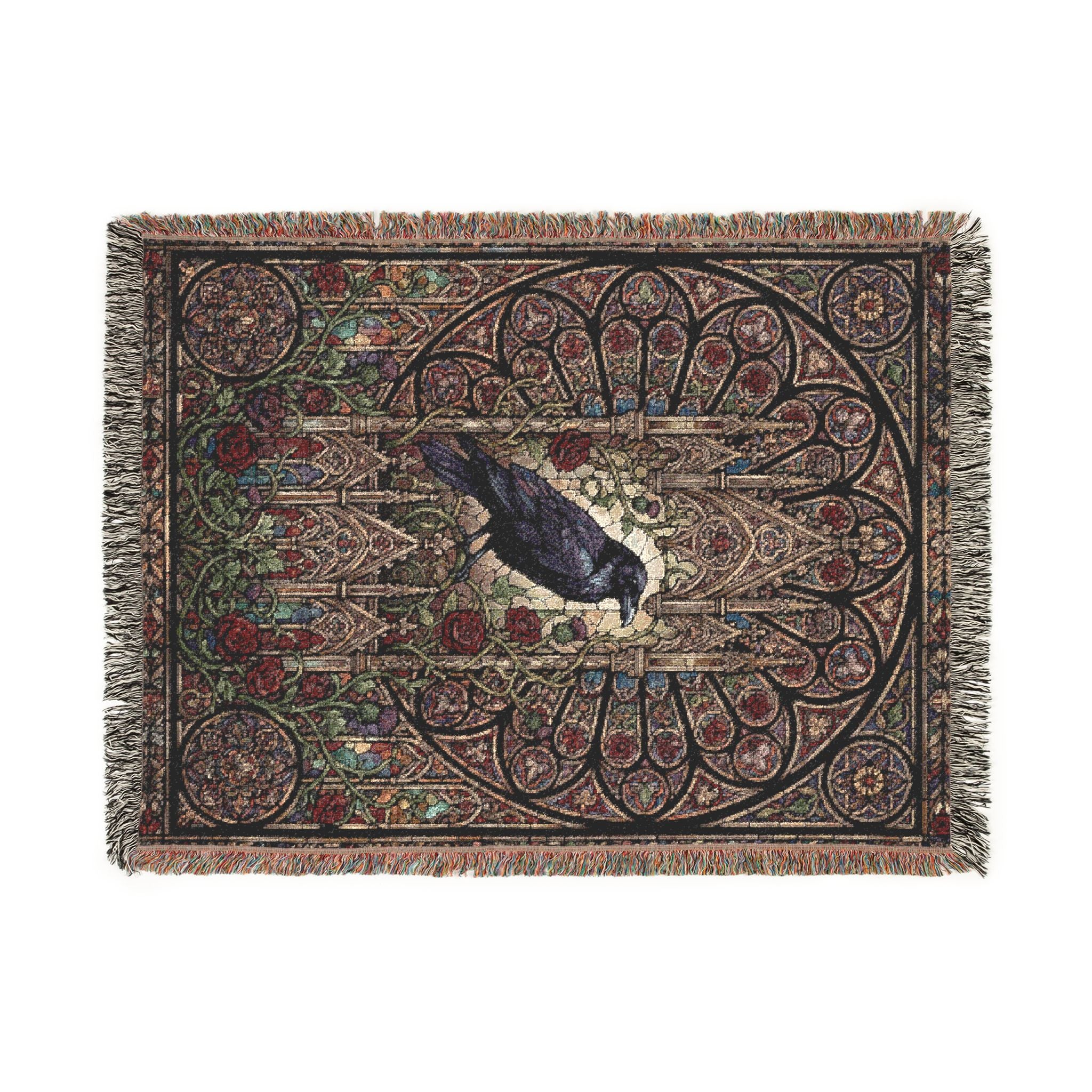 Gothic Raven Stained Glass Woven Throw Blanket  Dark Academia Tapestry