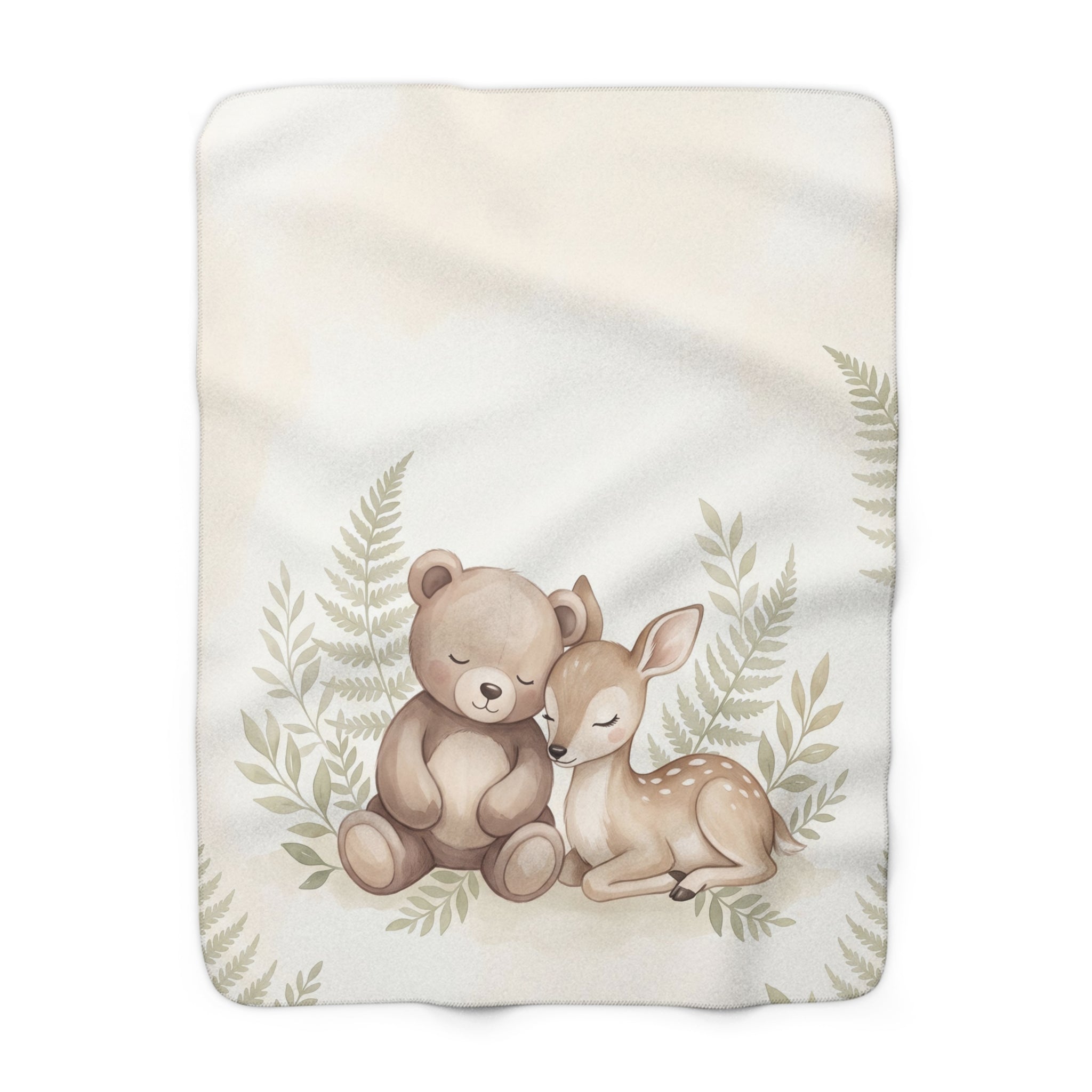 Watercolor Woodland Bear & Fawn Sherpa Fleece Blanket Neutral Nursery Throw