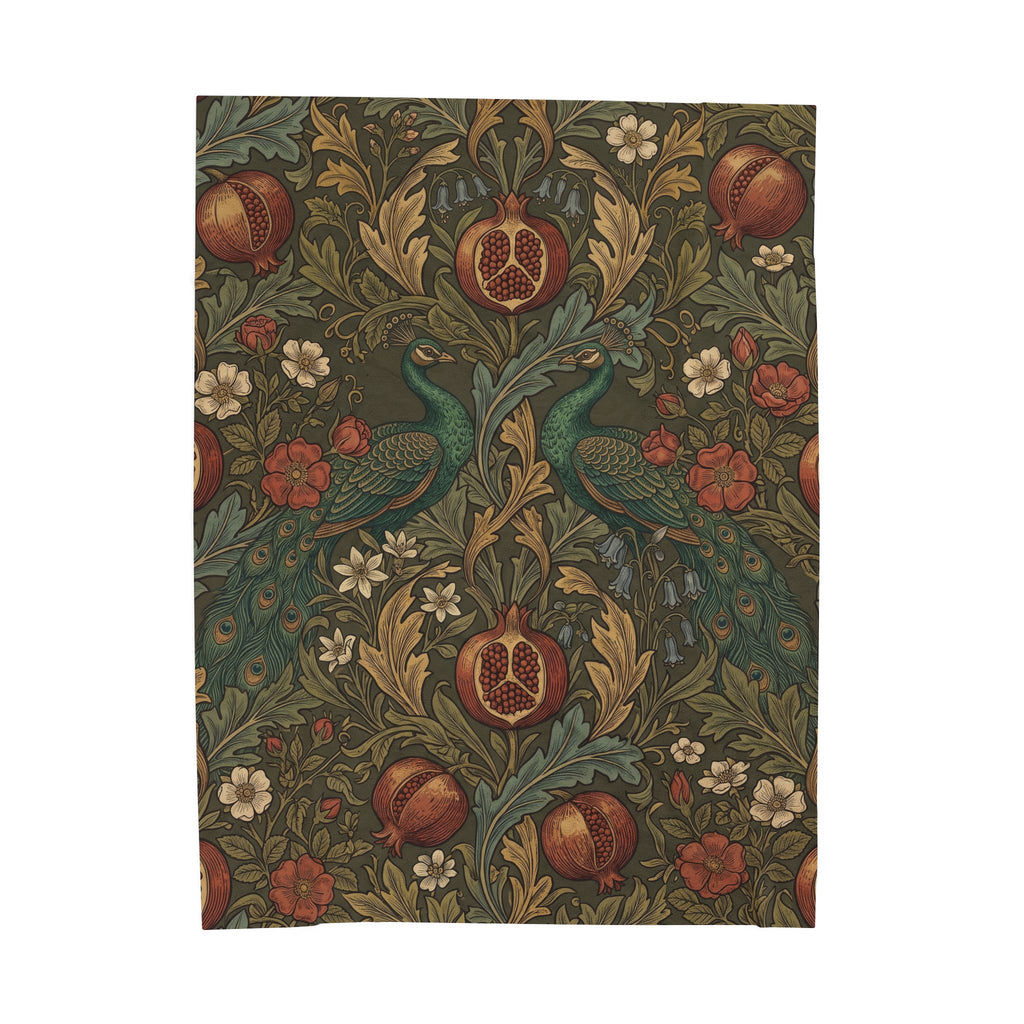 Vintage William Morris Peacock Plush Throw Blanket Botanical Pomegranate Velvety Throw