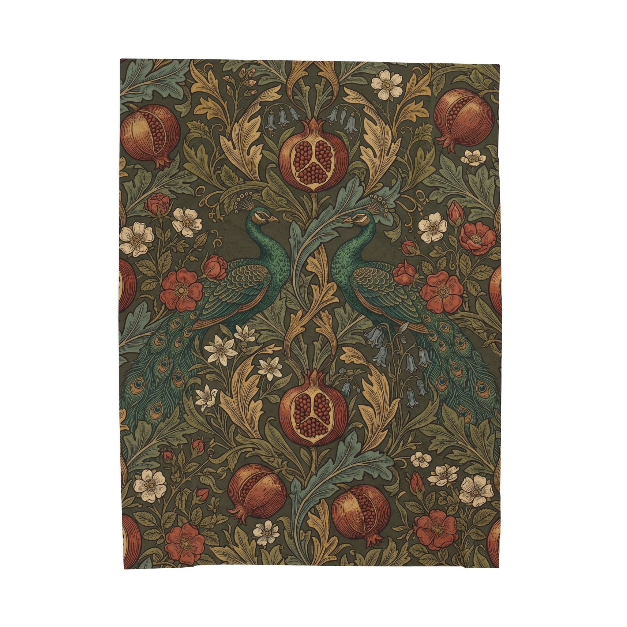 Vintage William Morris Peacock Plush Throw Blanket Botanical Pomegranate Velvety Throw