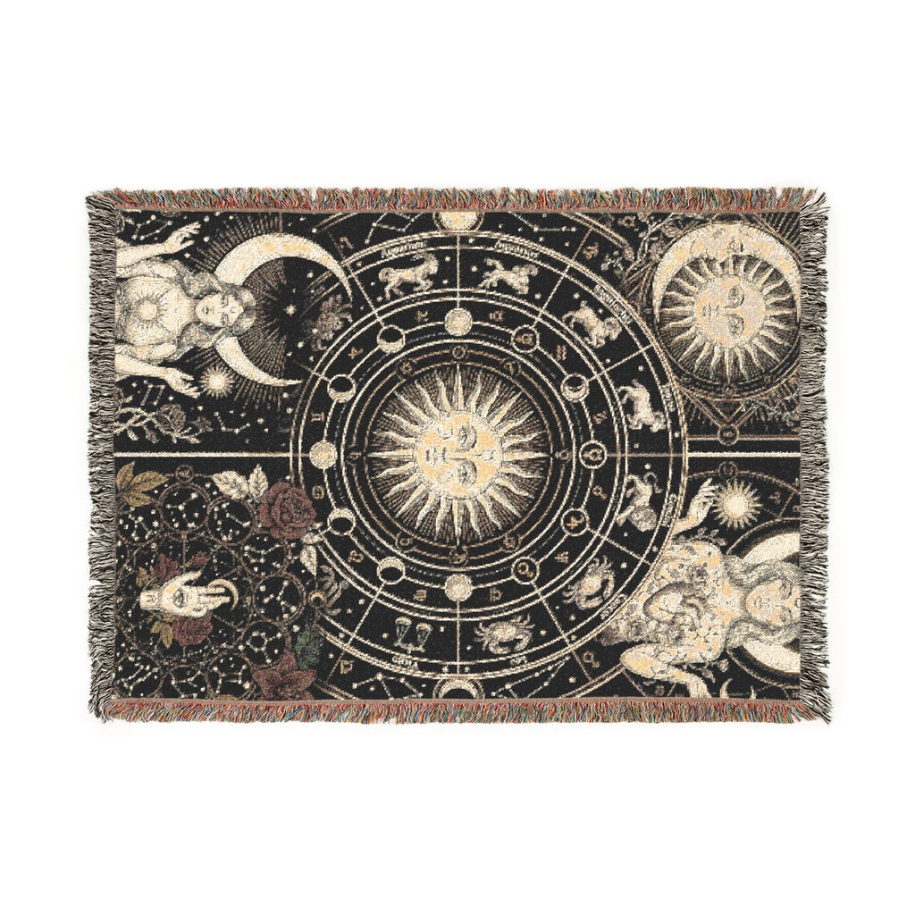 Vintage Celestial Zodiac Woven Throw Blanket Mystical Sun & Moon Tapestry