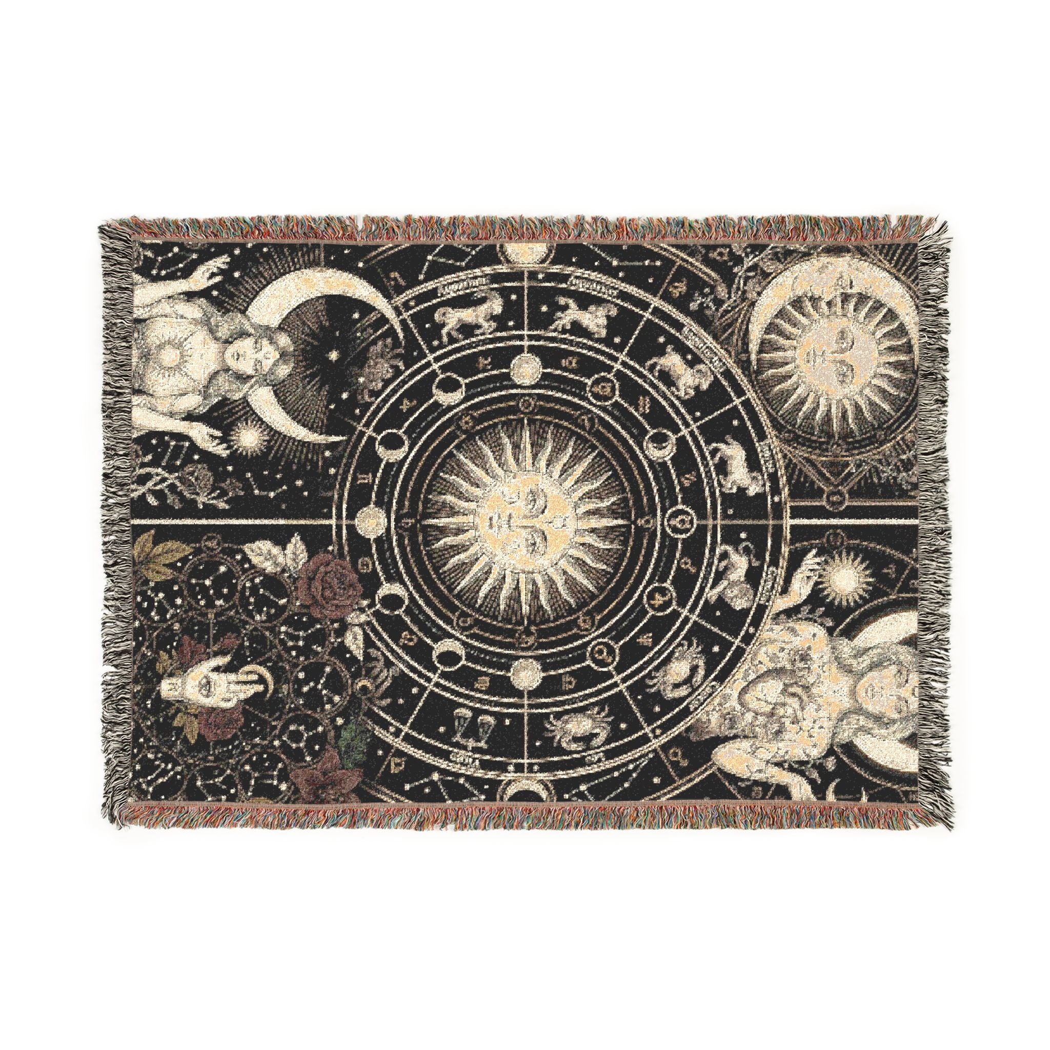 Vintage Celestial Zodiac Woven Throw Blanket Mystical Sun & Moon Tapestry