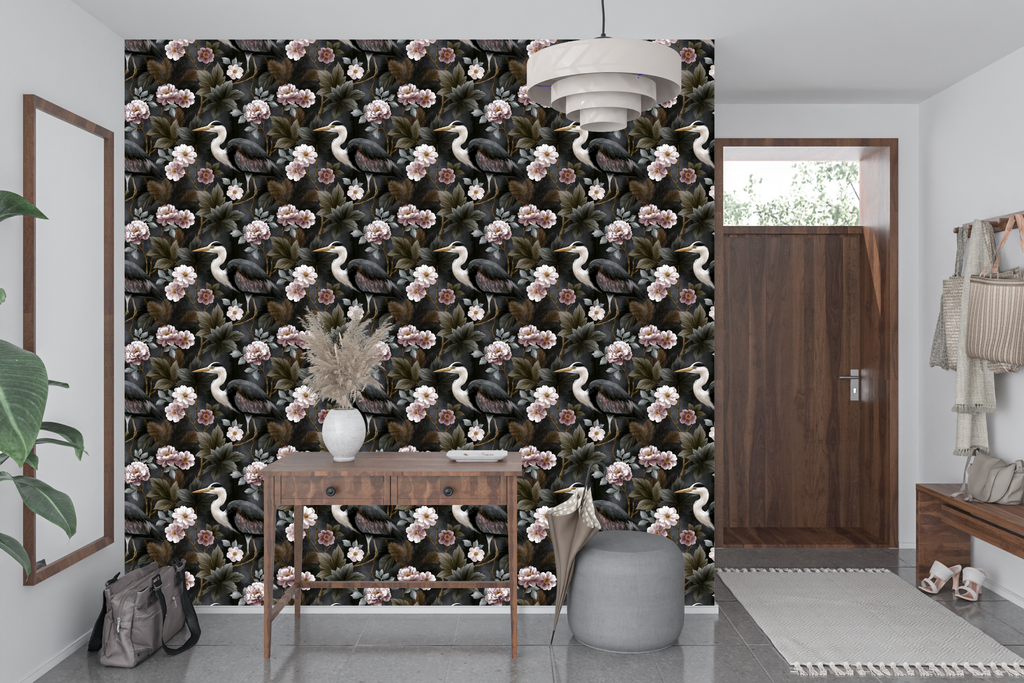 Dark Heron Wallpaper Chinoiserie Peony Floral Living Room Decal
