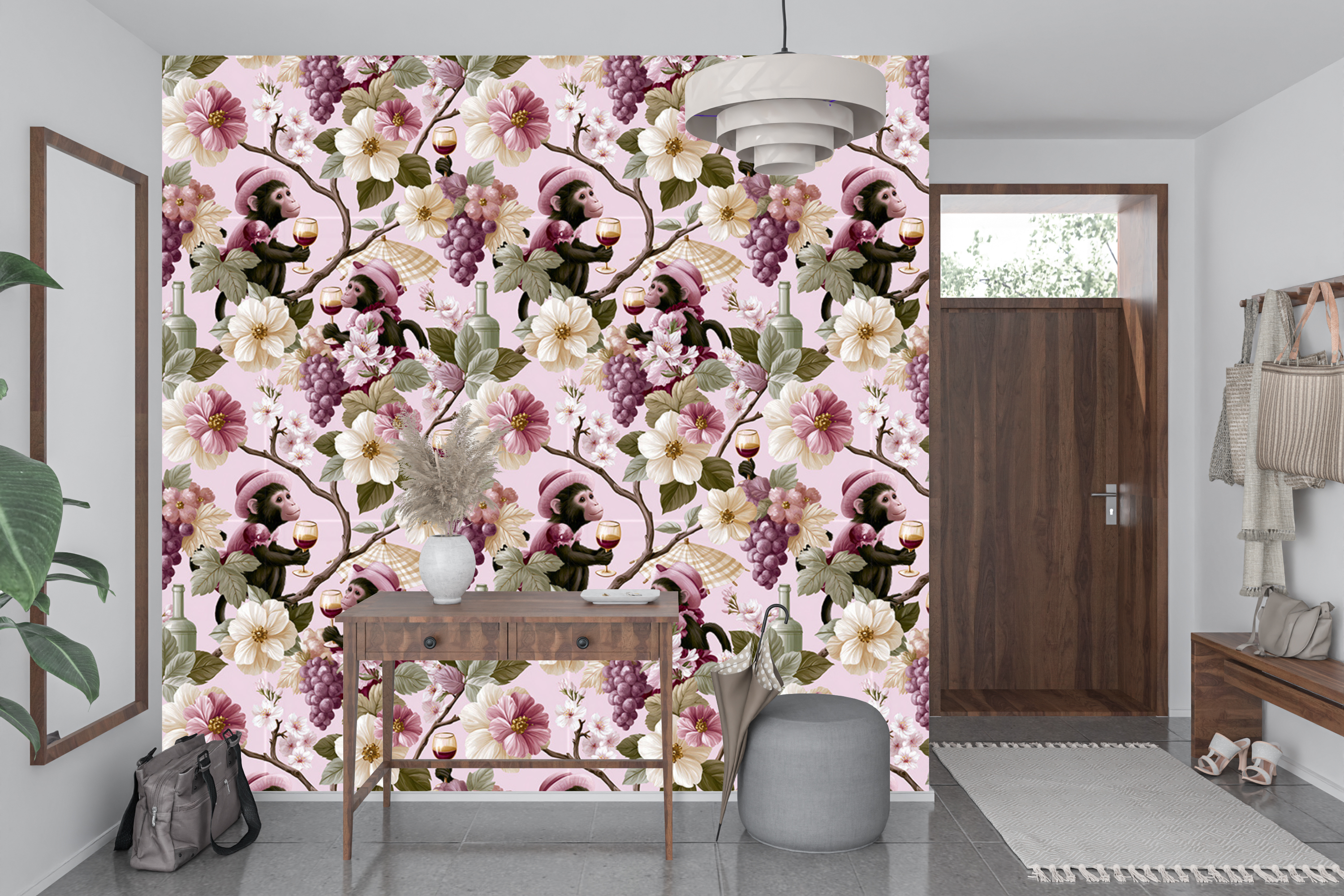 Chinoiserie Monkey Wallpaper Pink Singerie Floral