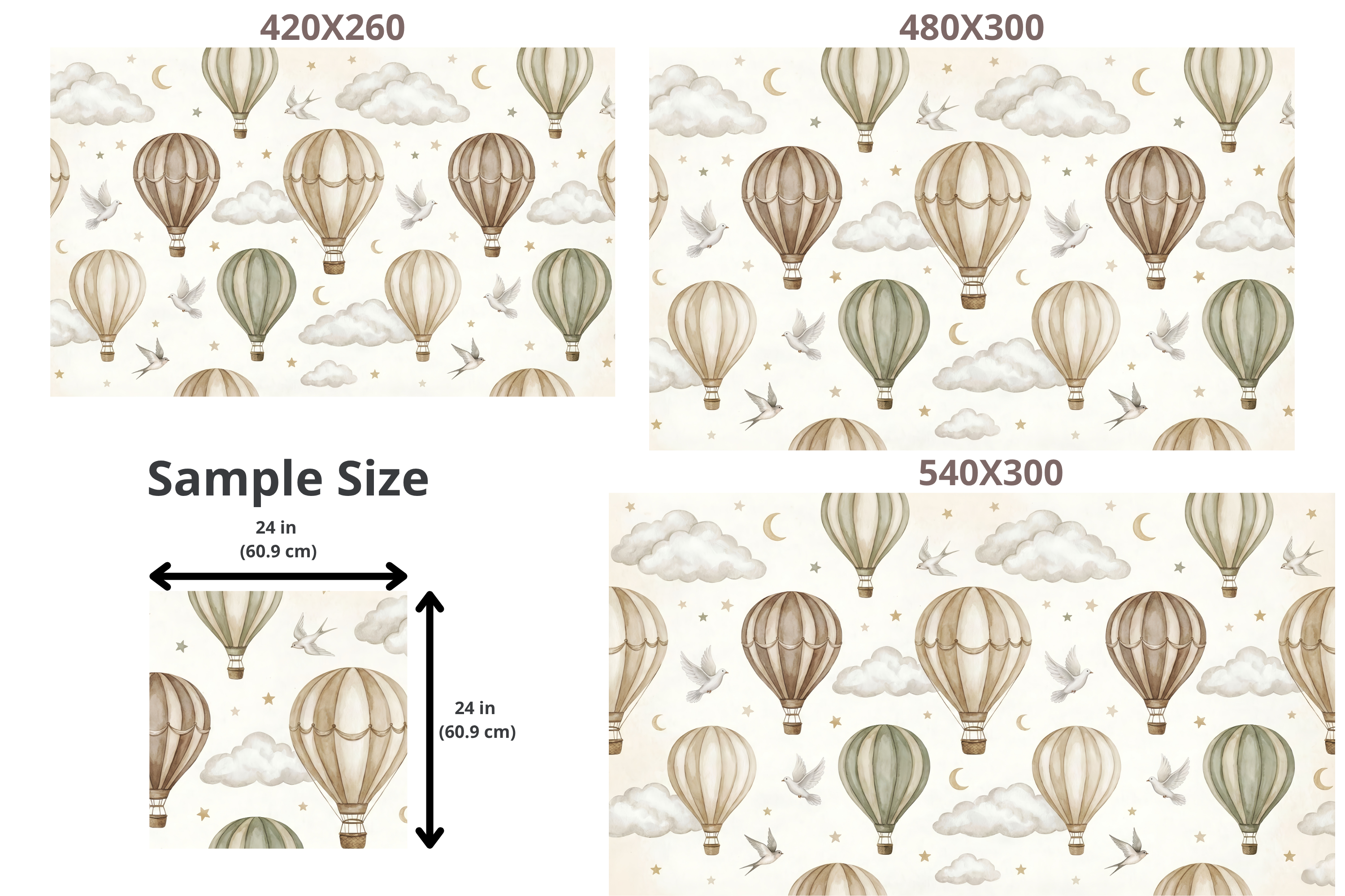 Hot Air Balloon Nursery Wall Mural | Neutral Beige Taupe Vintage Sky Moon Stars Design
