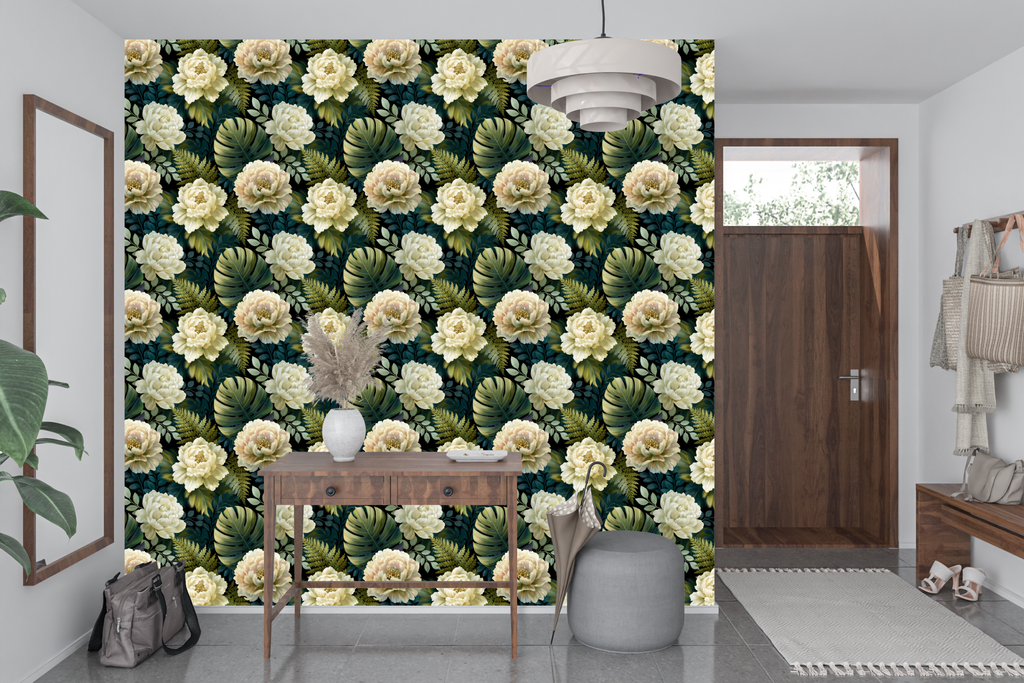 Moody Dark Tropical Peony Peel and Stick Wallpaper Botanical Bedroom
