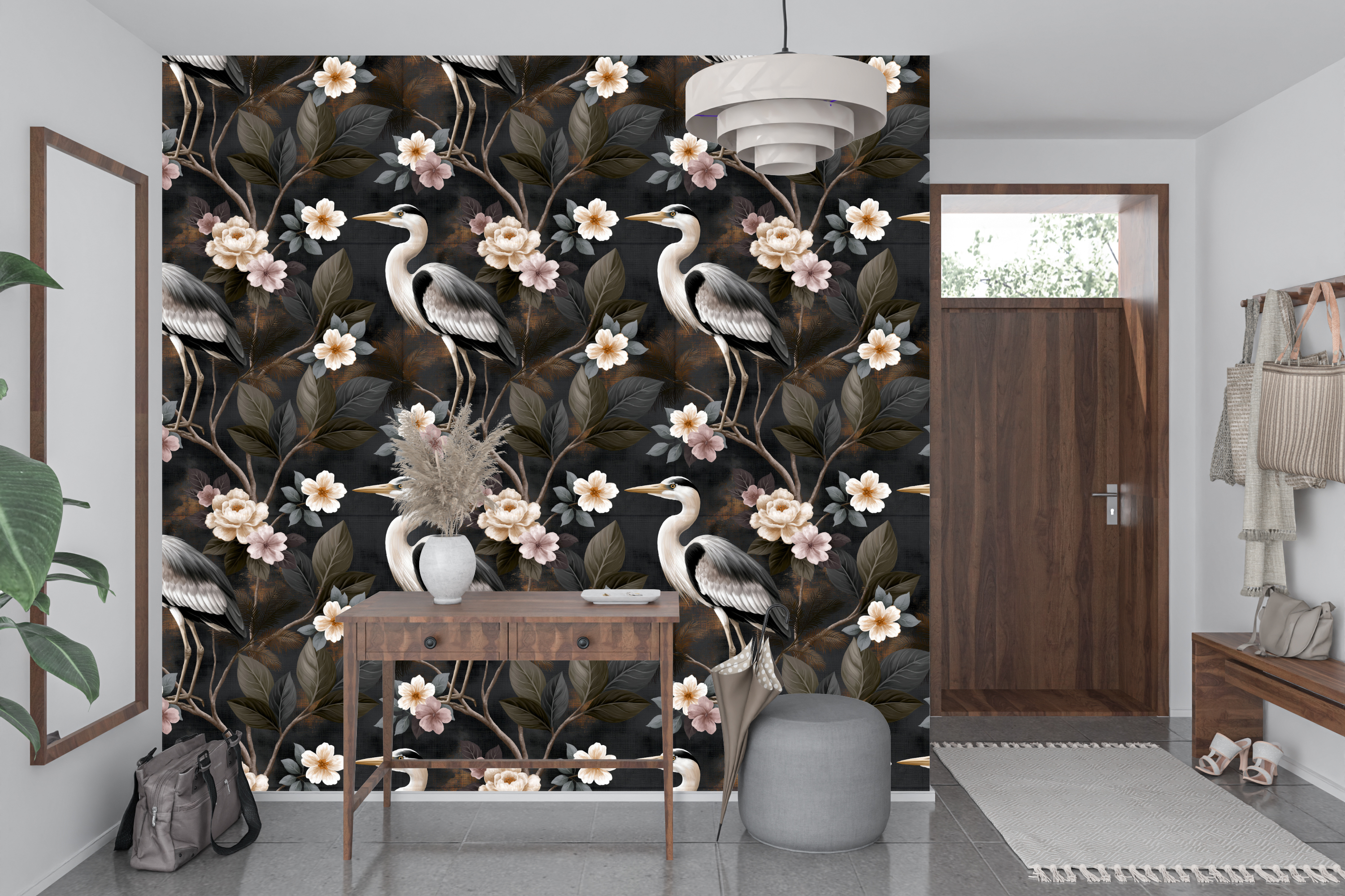 Dark Chinoiserie Heron Wallpaper Moody Floral Bedroom