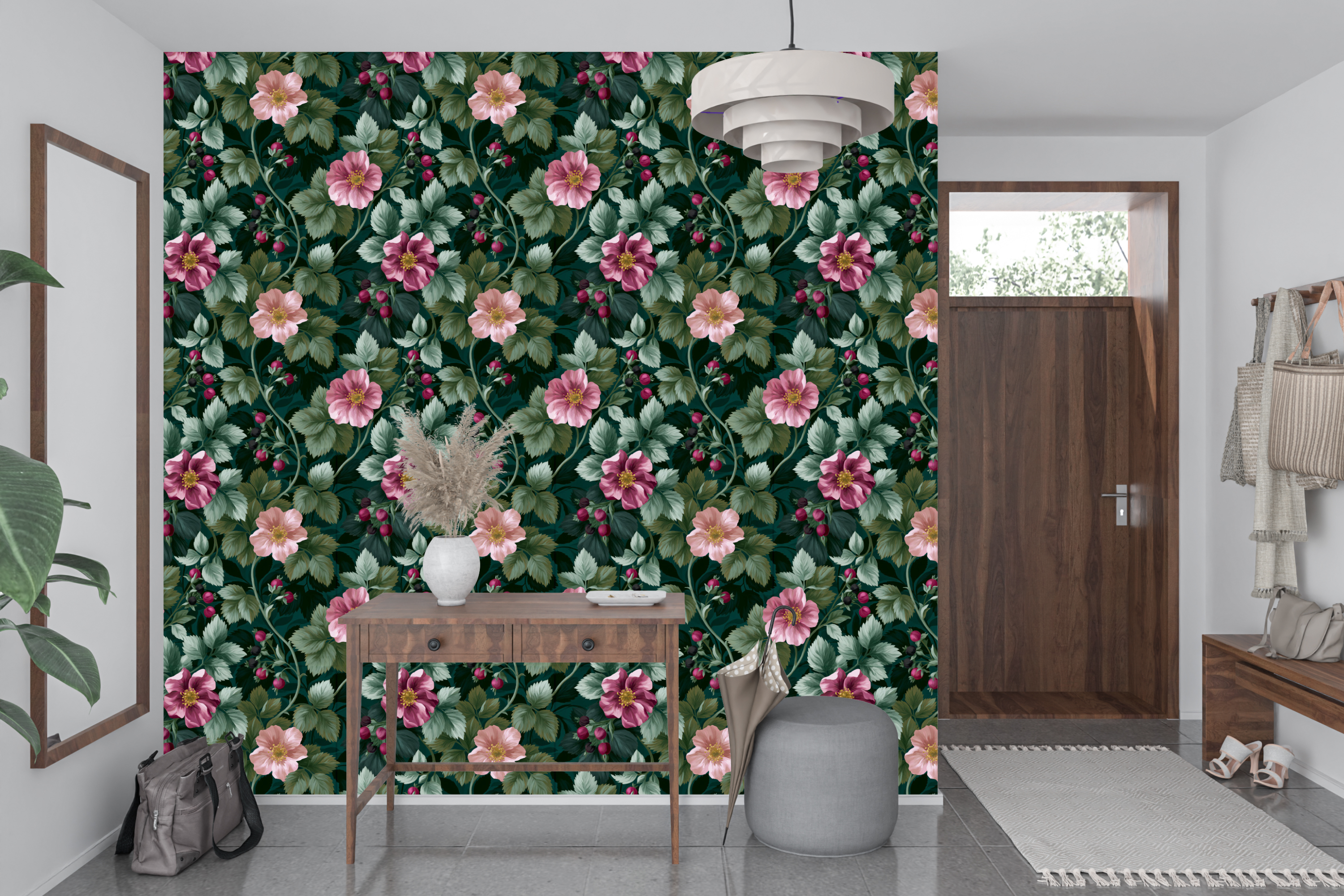 Dark Teal Wild Rose Wallpaper Vintage Cottagecore Botanical Bathroom Wall Decal
