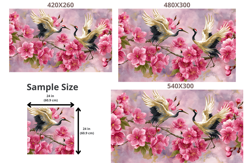 Japanese Crane and Cherry Blossom Wall Mural Pink Watercolor Peel and Stick Wallpaper