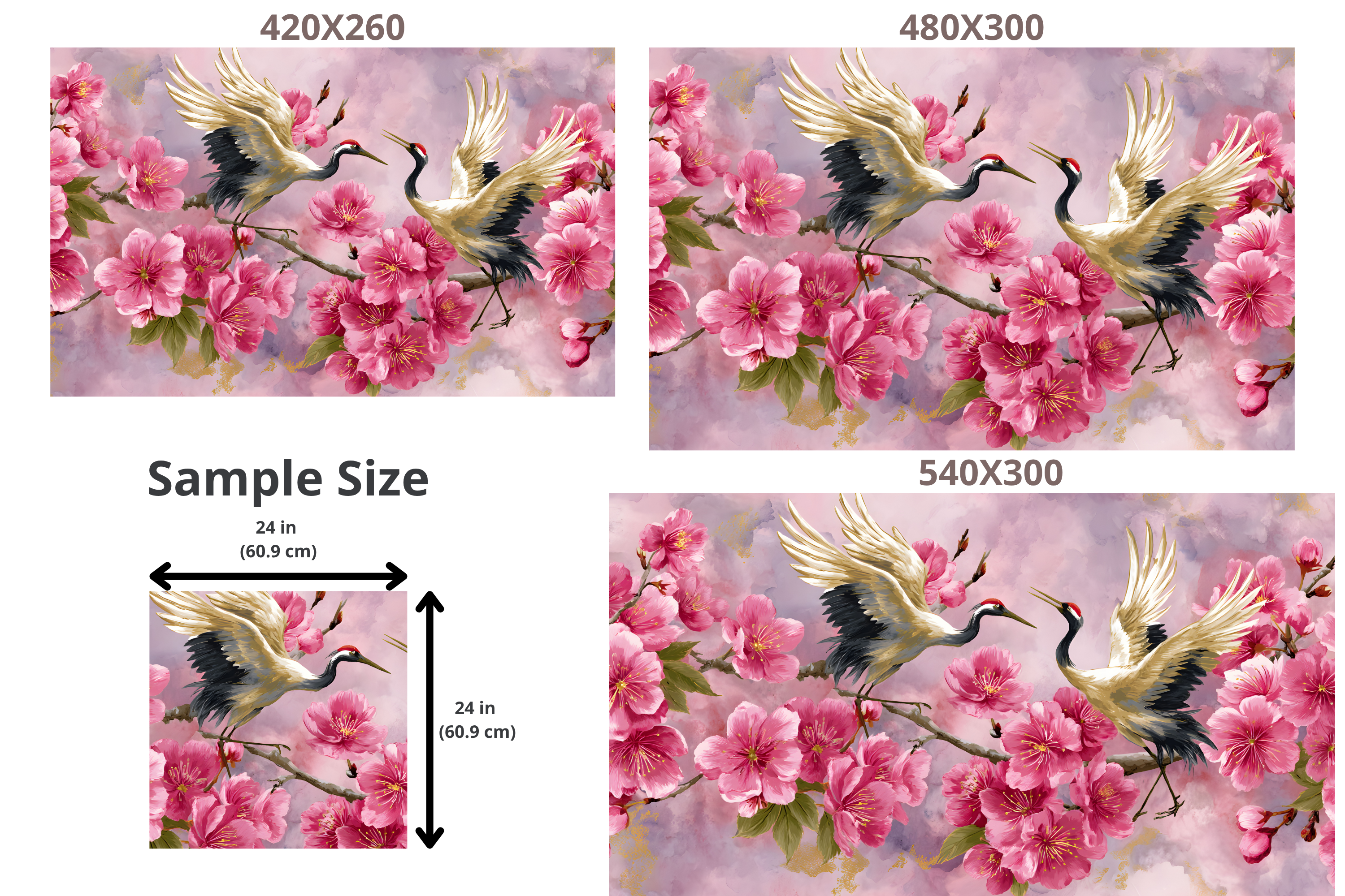 Japanese Crane and Cherry Blossom Wall Mural Pink Watercolor Peel and Stick Wallpaper