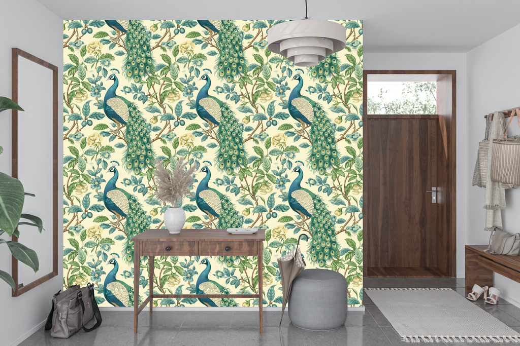 Chinoiserie Peacock Peel and Stick Wallpaper Botanical Bird Bedroom