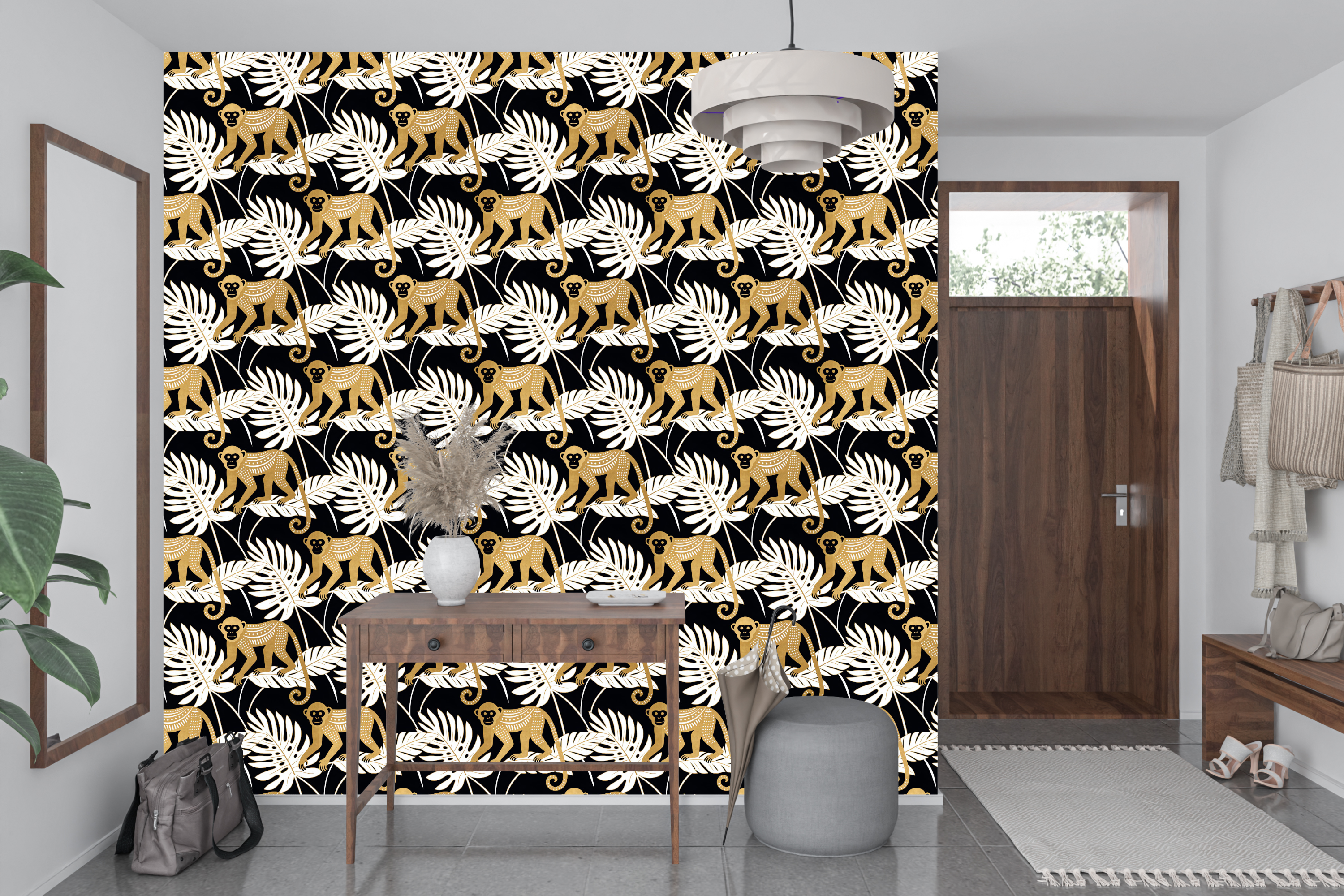 Black and gold jungle monkey wallpaper styled as a dramatic living room or home bar feature wall with brass lighting, black leather furniture, and warm amber accents — peel and stick or traditional paste tropical wallpaper by WallpaperPixi