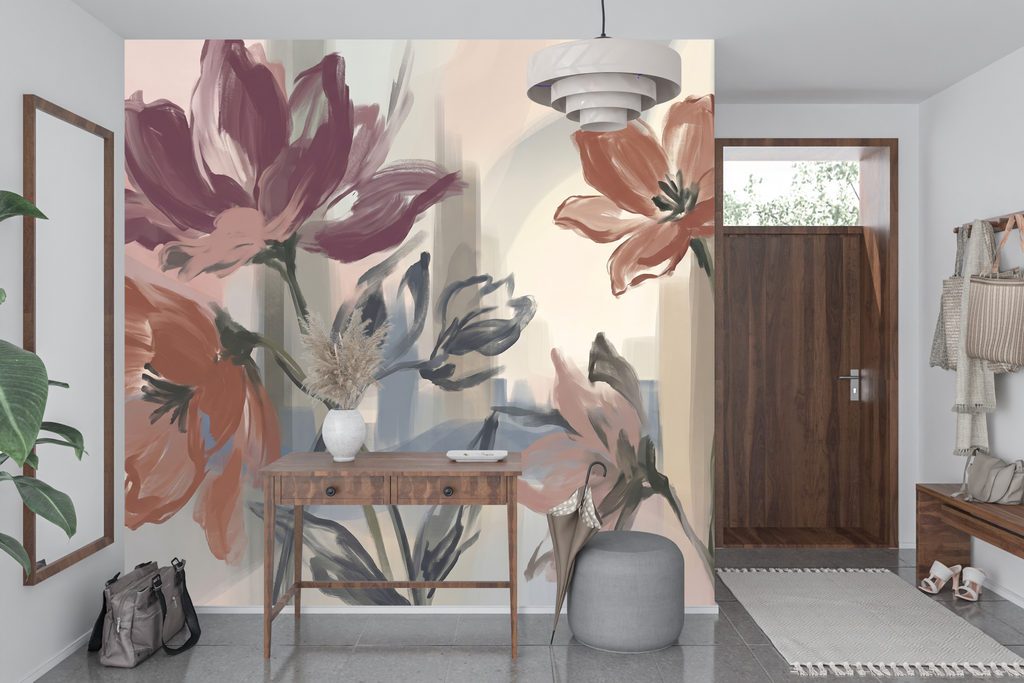 Expressive painterly brushstroke wall mural transforming a creative home office or elegant entryway