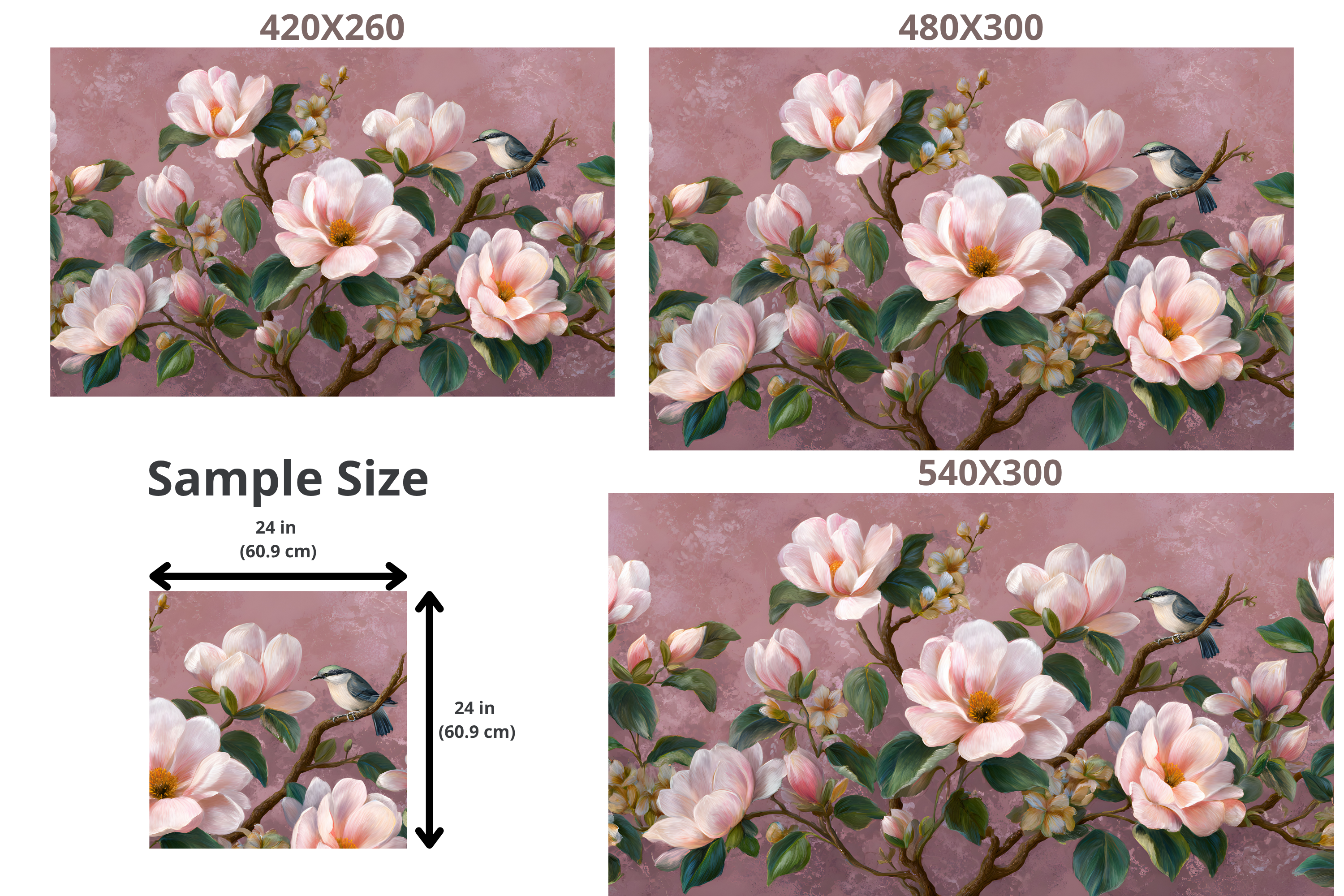 Chinoiserie Magnolia Wall Mural | Pink Floral Bird Botanical Design