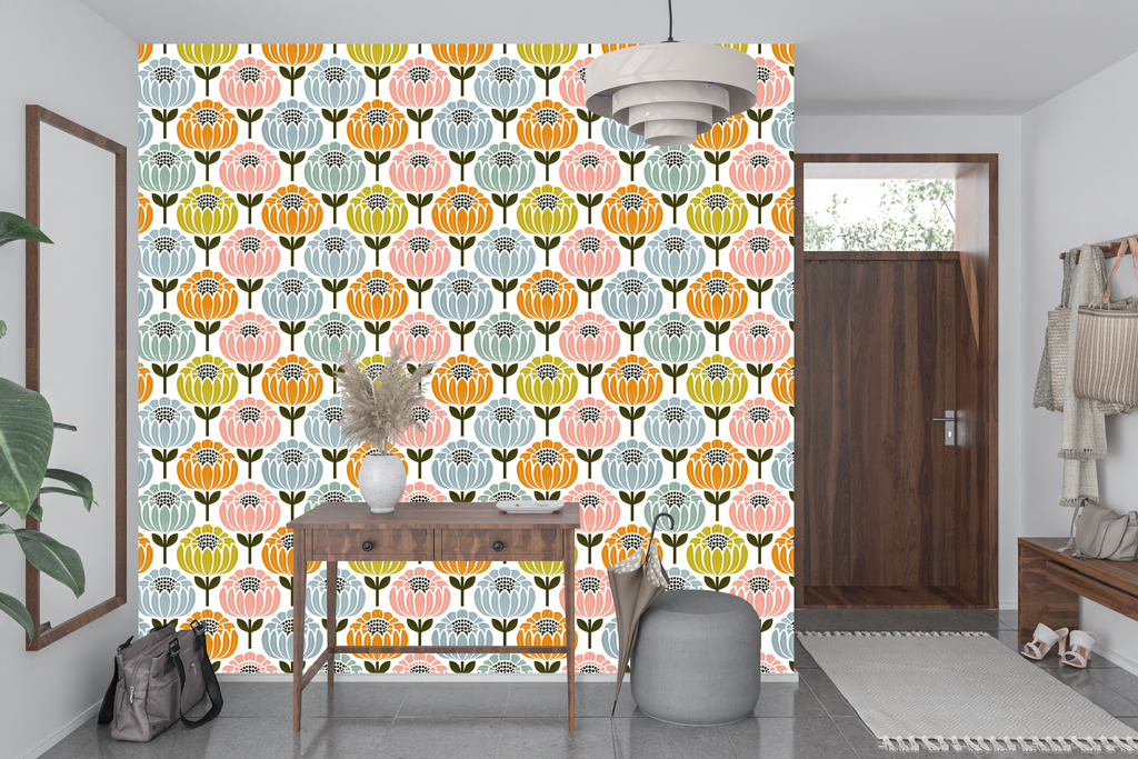 Retro Vibrant Scandinavian Floral Wallpaper Colorful Mid-Century Modern Geometric Botanical Mural
