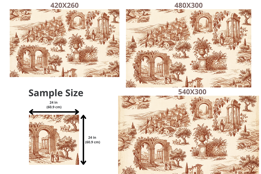 Vintage Toile de Jouy Wallpaper | Tuscan Village Terracotta Vintage Wall Mural Design