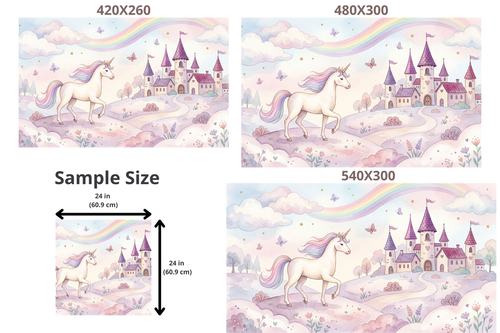 Unicorn Wallpaper Mural | Pastel Rainbow Castle Girls Nursery Watercolour Design
