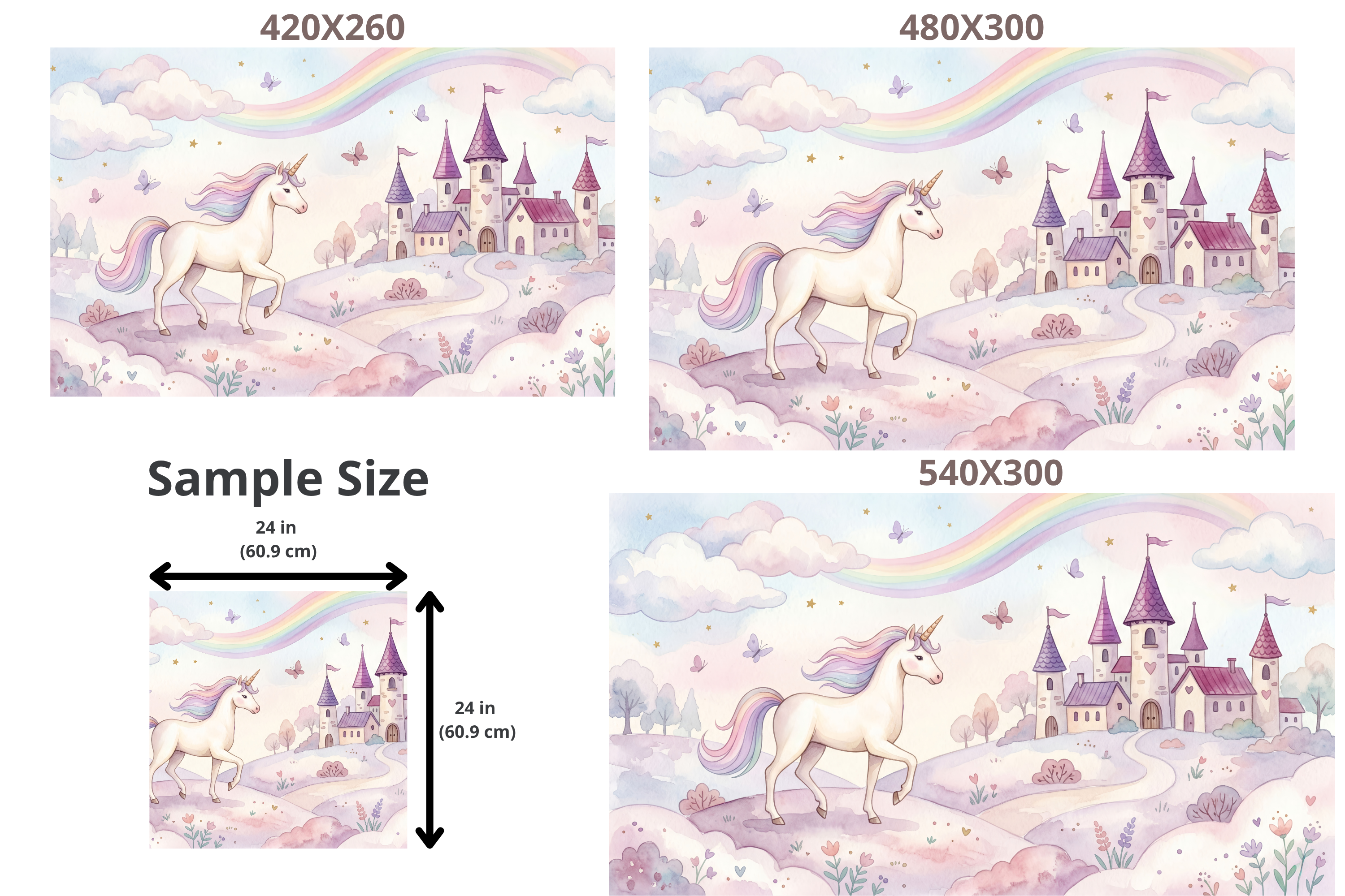 Unicorn Wallpaper Mural | Pastel Rainbow Castle Girls Nursery Watercolour Design