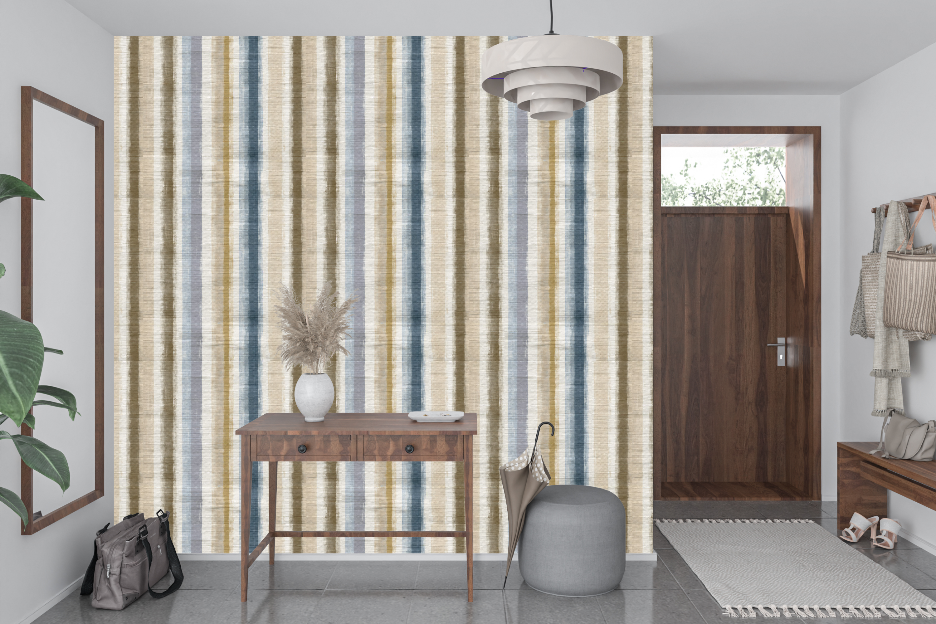 Vertical hand-painted striped wall mural transforming a welcoming coastal hallway or entryway