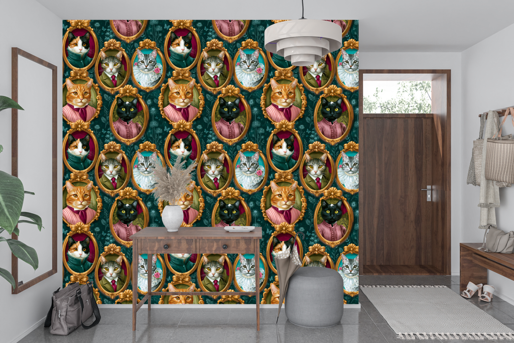 Victorian cat portrait gallery wallpaper styled as a whimsical living room or home office feature wall with velvet armchair, brass lighting, and antique accessories — peel and stick or traditional paste wallpaper by WallpaperPixi