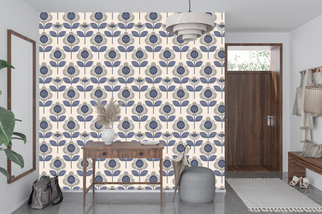 Bold mid-century geometric floral wall mural transforming a modern hallway entryway