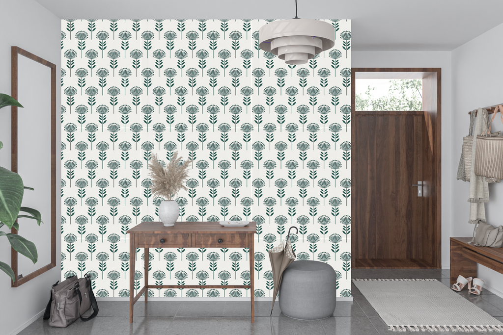 Structured mid-century floral wall mural transforming a modern hallway or home office space