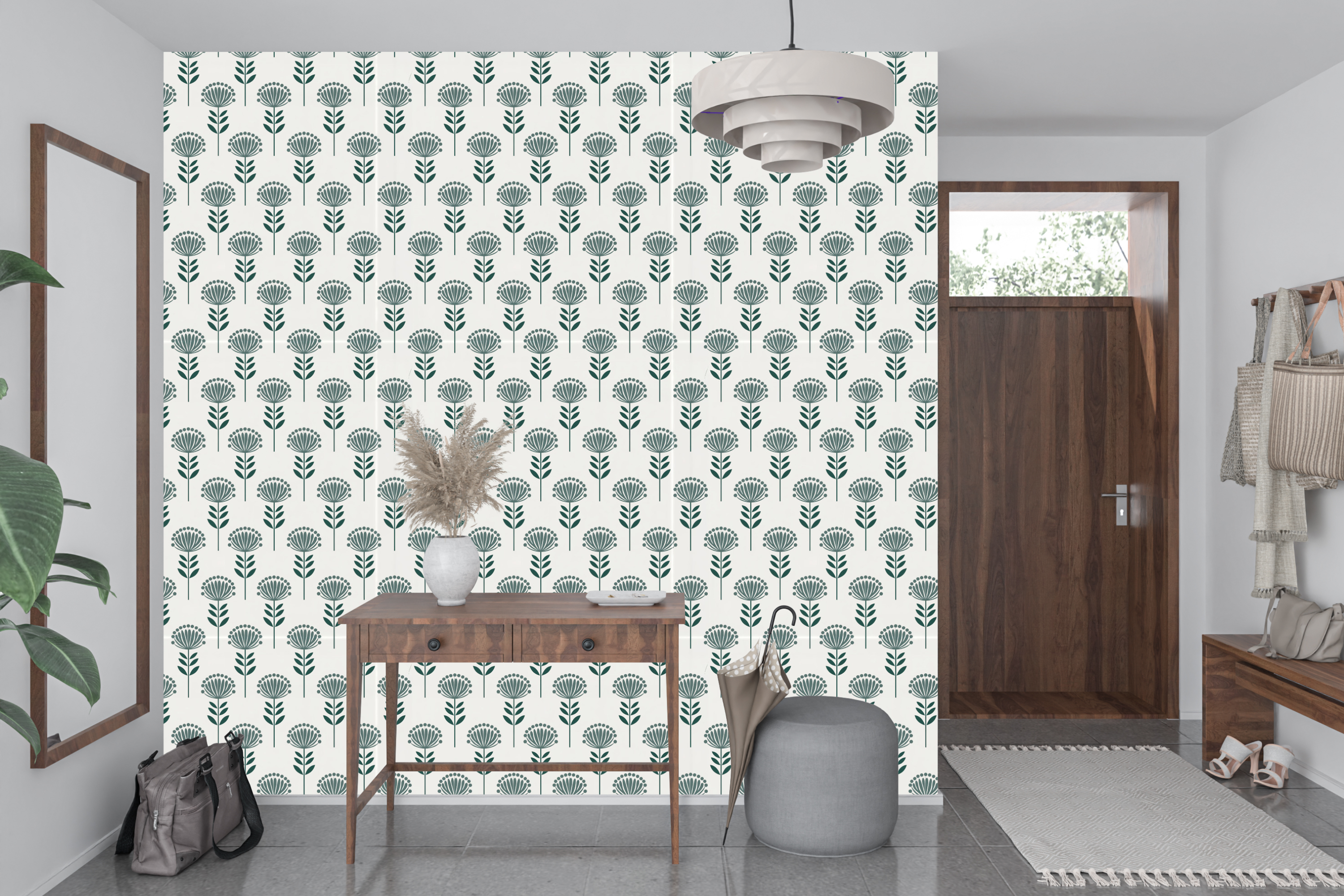 Structured mid-century floral wall mural transforming a modern hallway or home office space