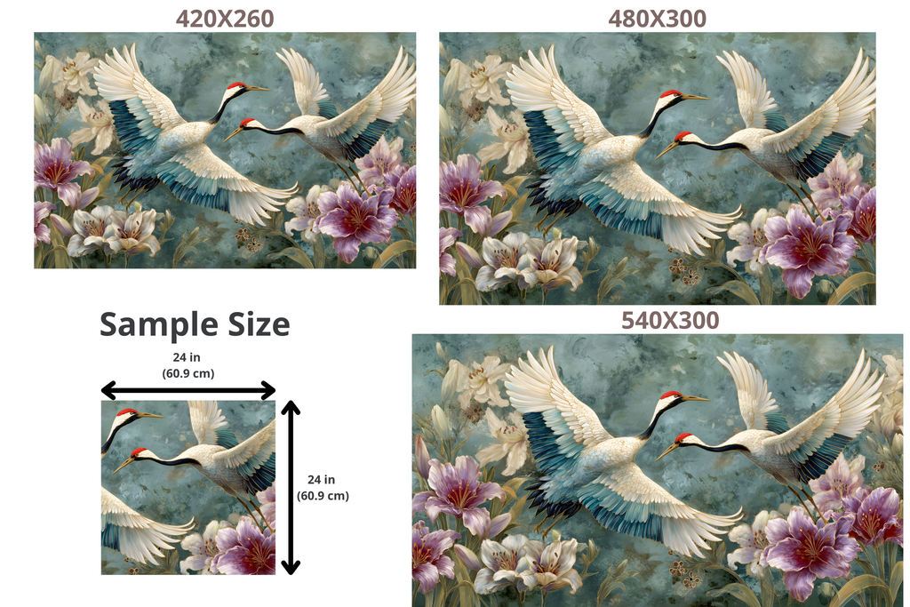 Japanese Crane and Lily Wall Mural | Teal Chinoiserie Bird Floral Peel and Stick Wallpaper
