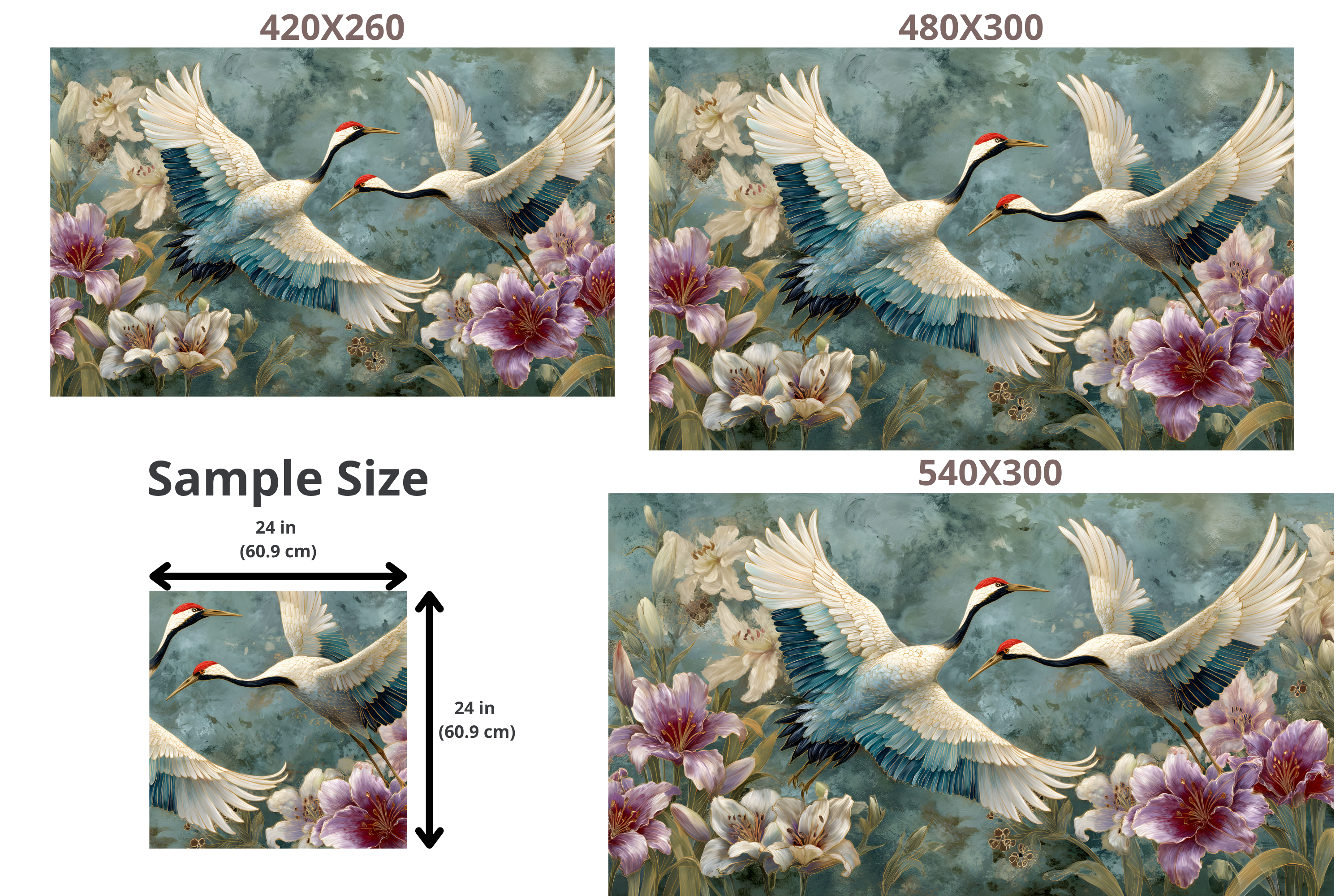 Japanese Crane and Lily Wall Mural | Teal Chinoiserie Bird Floral Peel and Stick Wallpaper