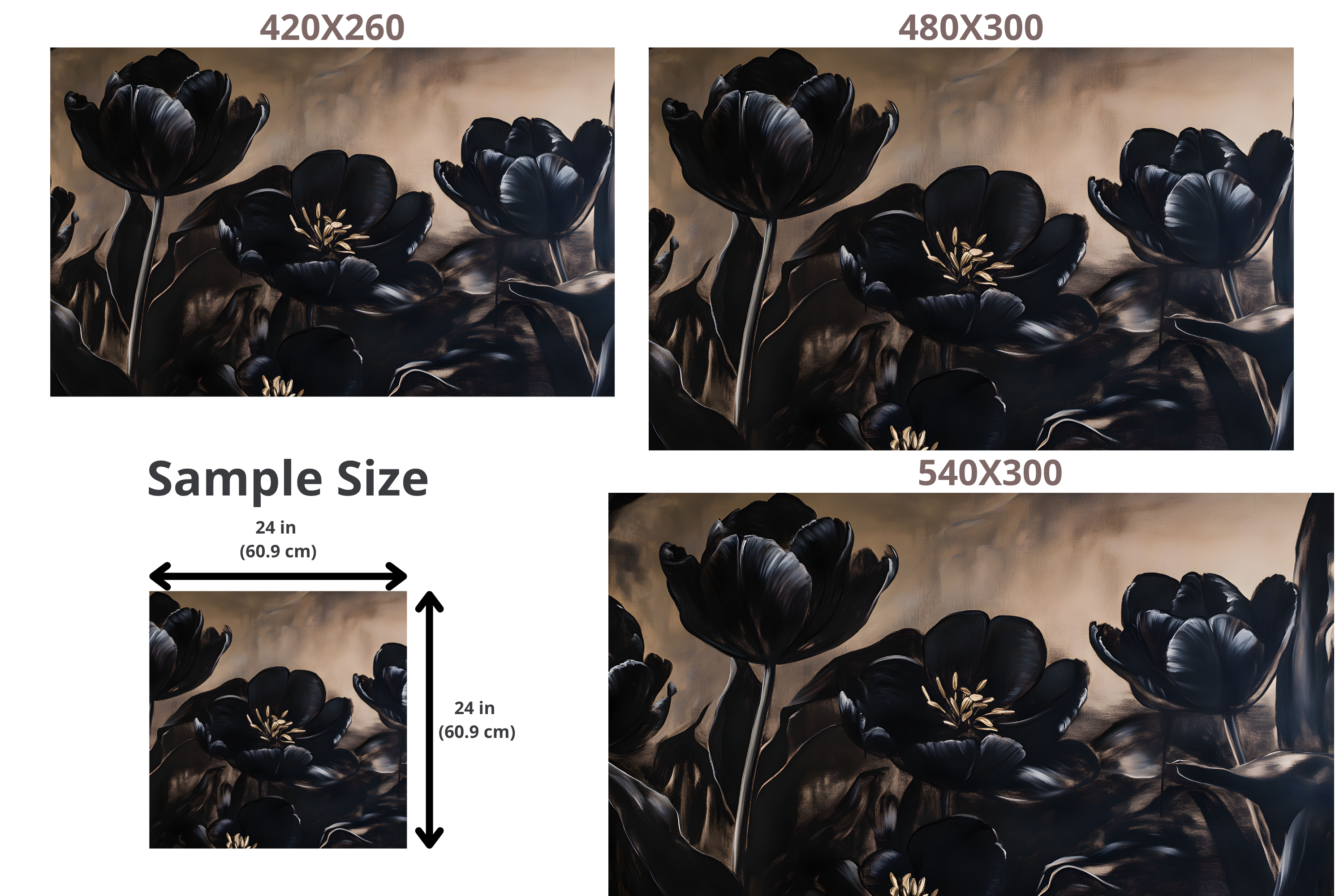 Dark Tulip Oil Painting Wall Mural | Moody Black Floral Gold Peel and Stick Wallpaper