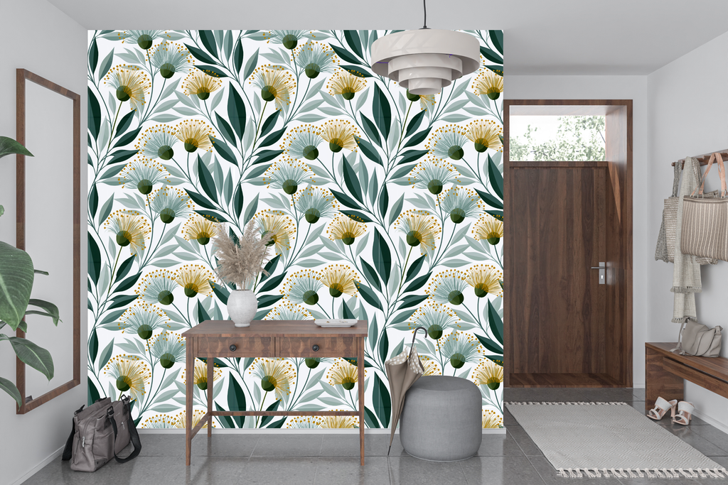 Modern Eucalyptus Botanical Wallpaper Golden Floral & Sage Green Peel and Stick Japandi Organic Wall Mural