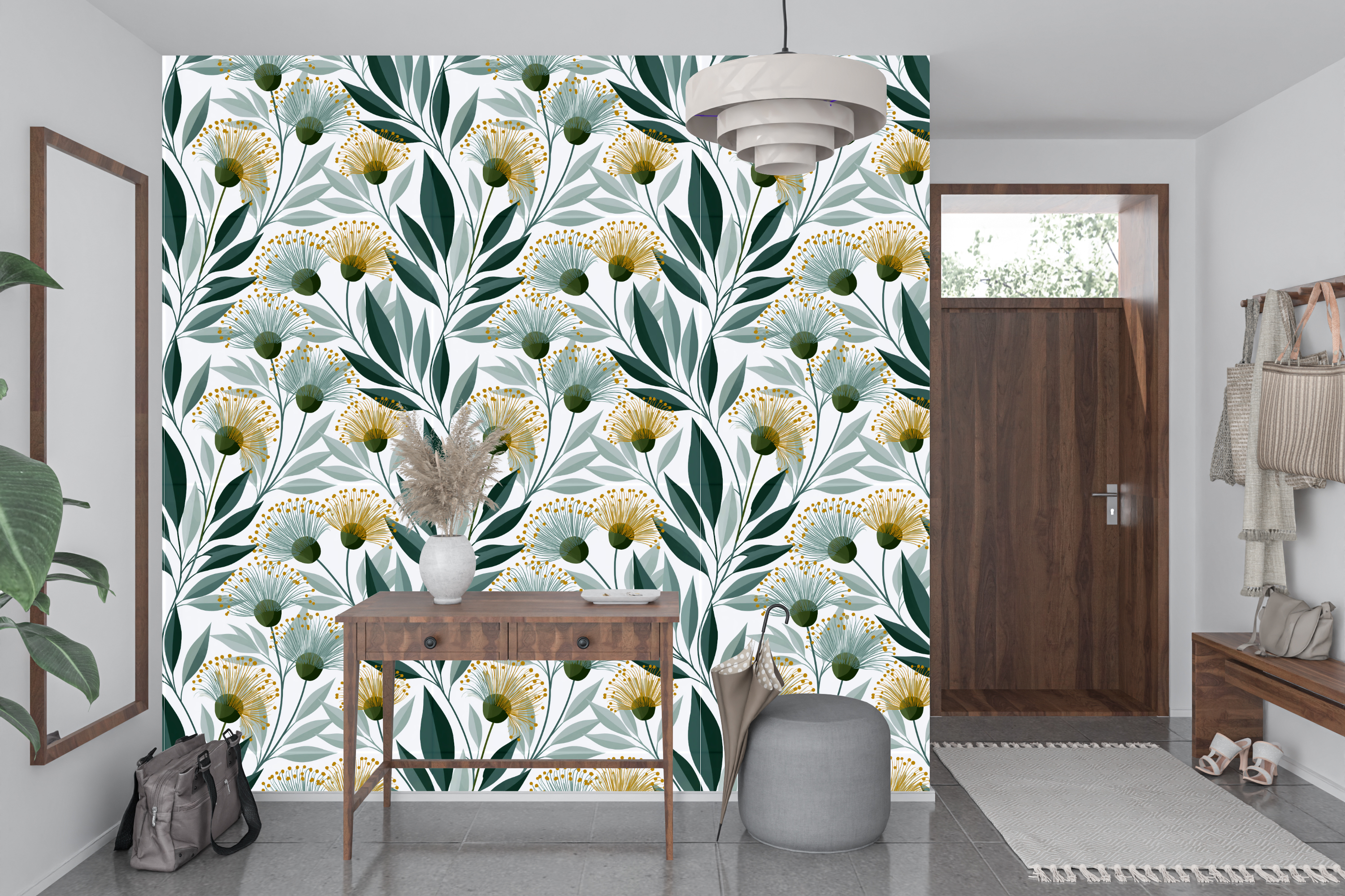 Modern Eucalyptus Botanical Wallpaper Golden Floral & Sage Green Peel and Stick Japandi Organic Wall Mural